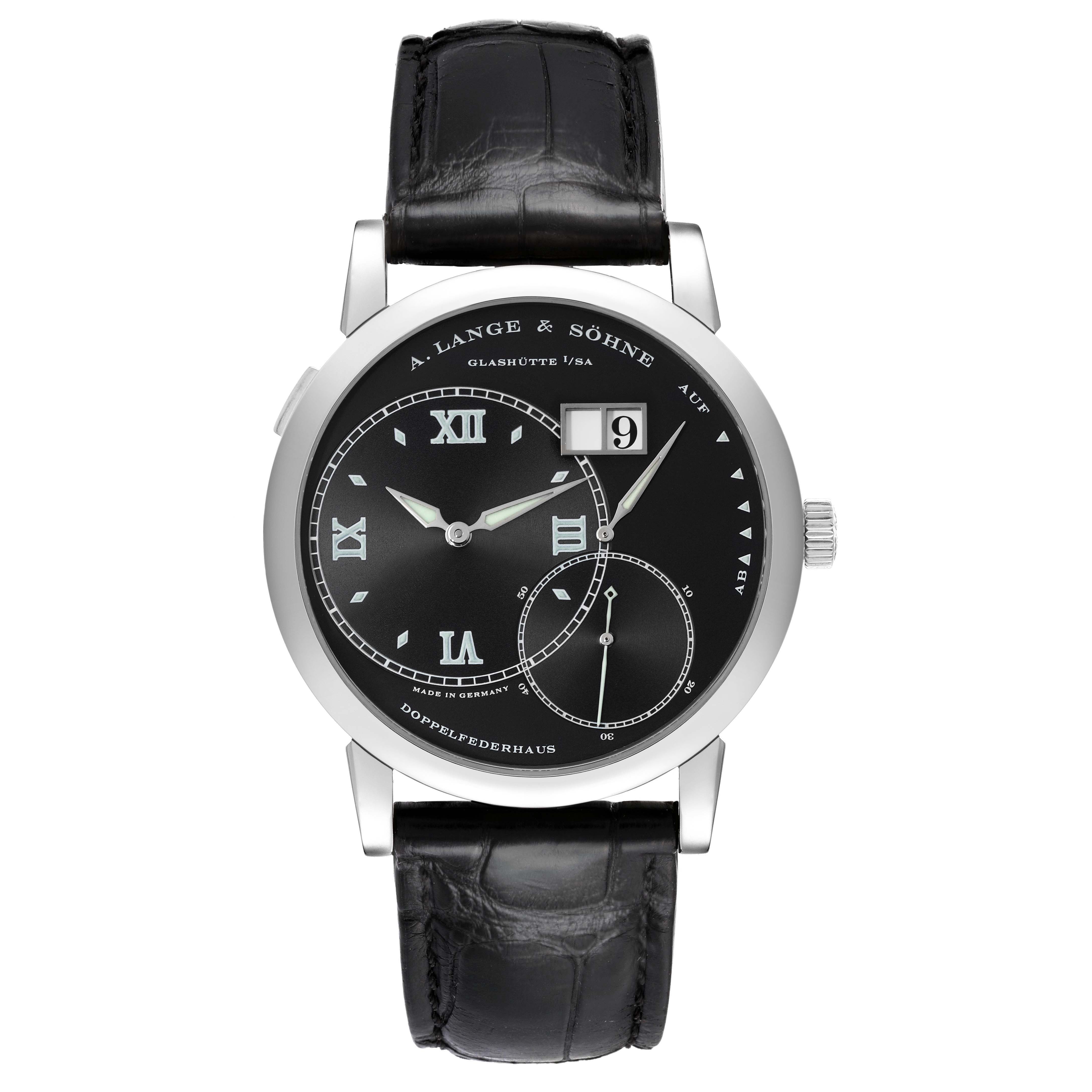 The Lange 1 model by A. Lange & Söhne is shown from a front angle, highlighting the dial, hands, and the leather strap.