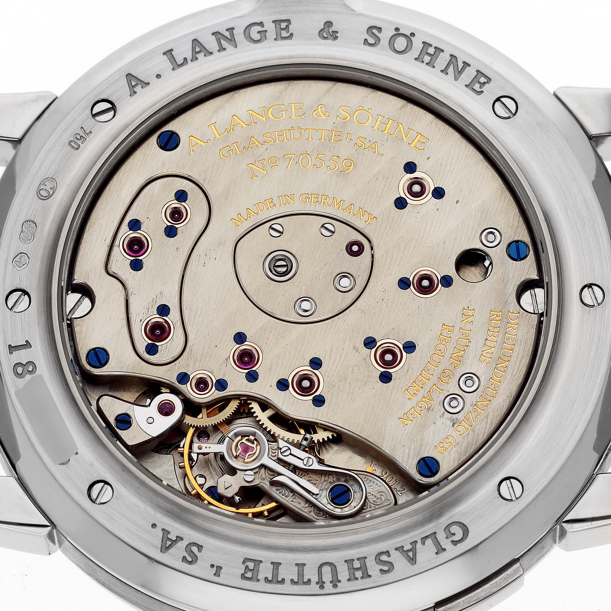 The image shows the movement and inner mechanisms of the Lange 1 model by A. Lange & Söhne from a back angle.