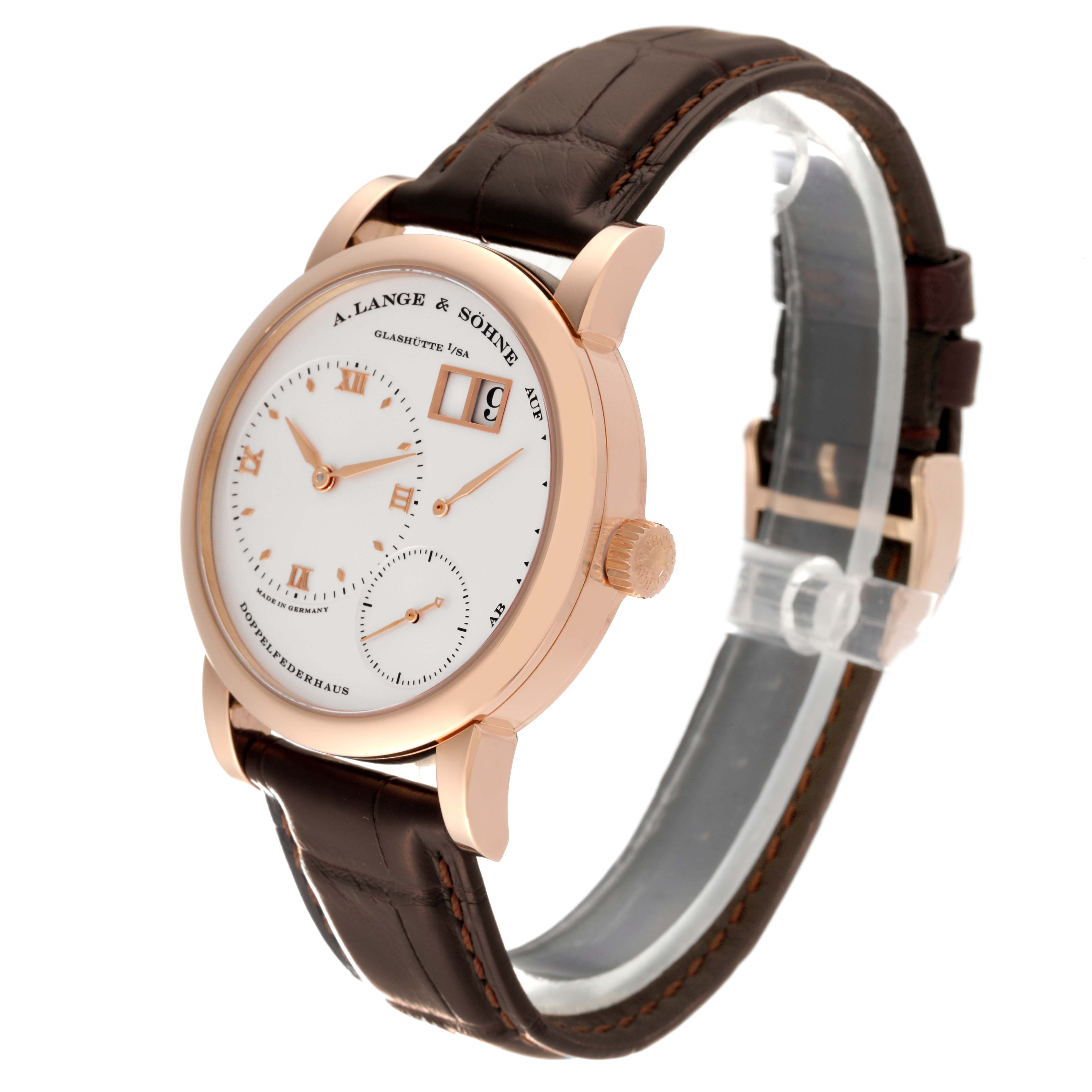 The image shows a side angle view of an A. Lange & Sohne Lange 1 101.032 Men's Rose Gold Silver Dial watch, displaying the dial, case, and leather strap.
