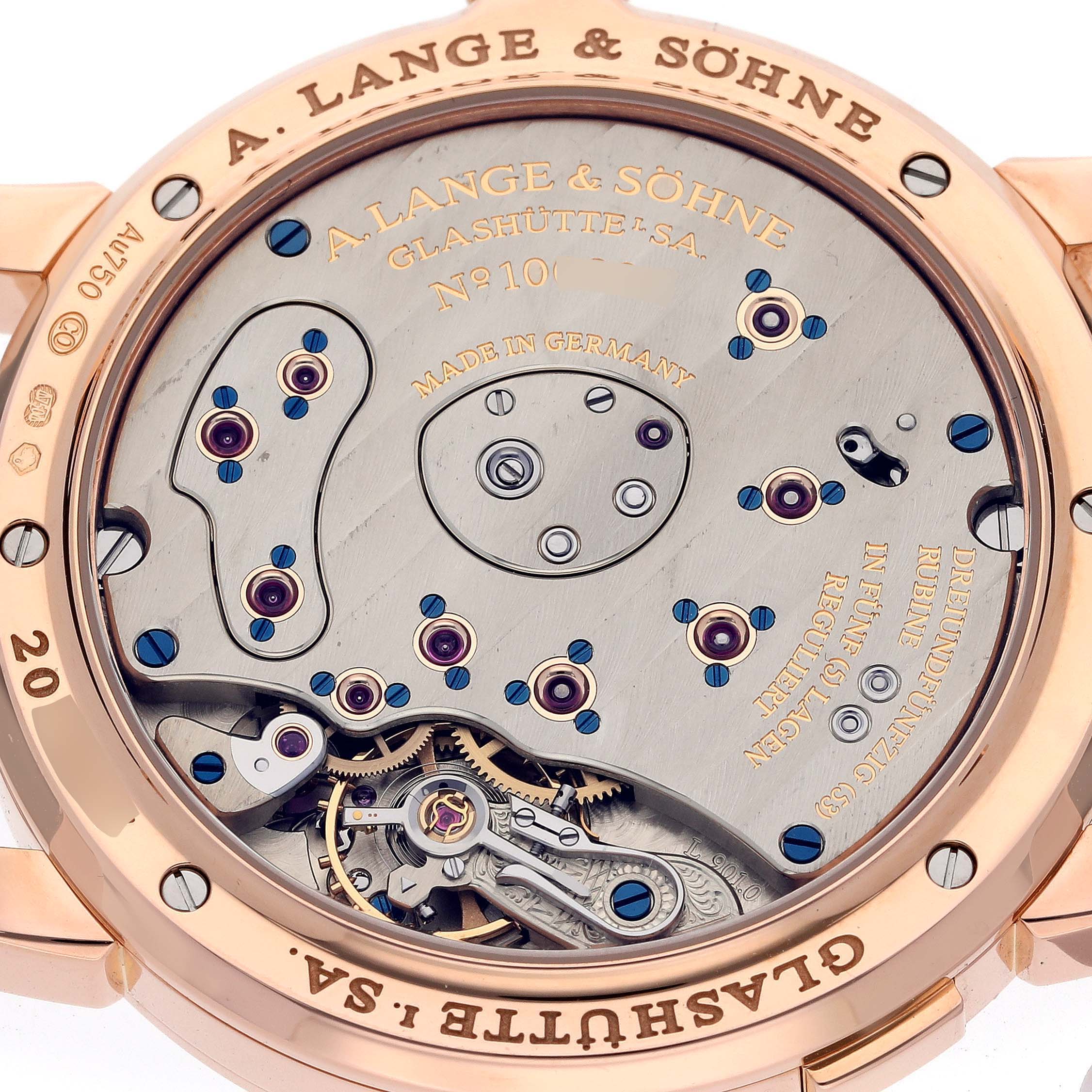 The image shows the back view of the A. Lange & Sohne Lange 1 101.032 Men's Rose Gold Silver Dial watch, revealing its intricate movement and craftsmanship.