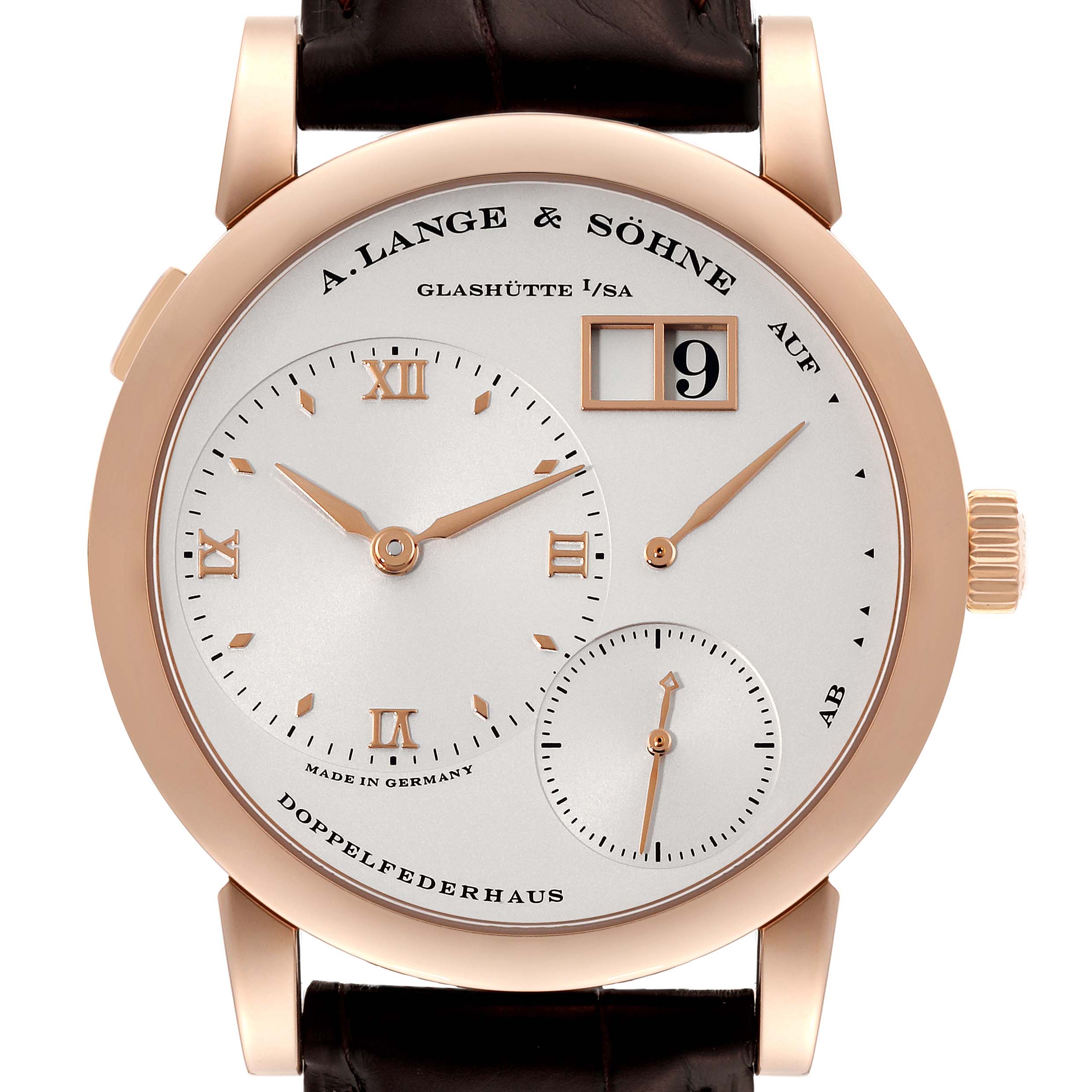The image shows a front view of the A. Lange & Sohne Lange 1 101.032 Men's Rose Gold Silver Dial watch, highlighting its dial, subdials, date window, and crown.