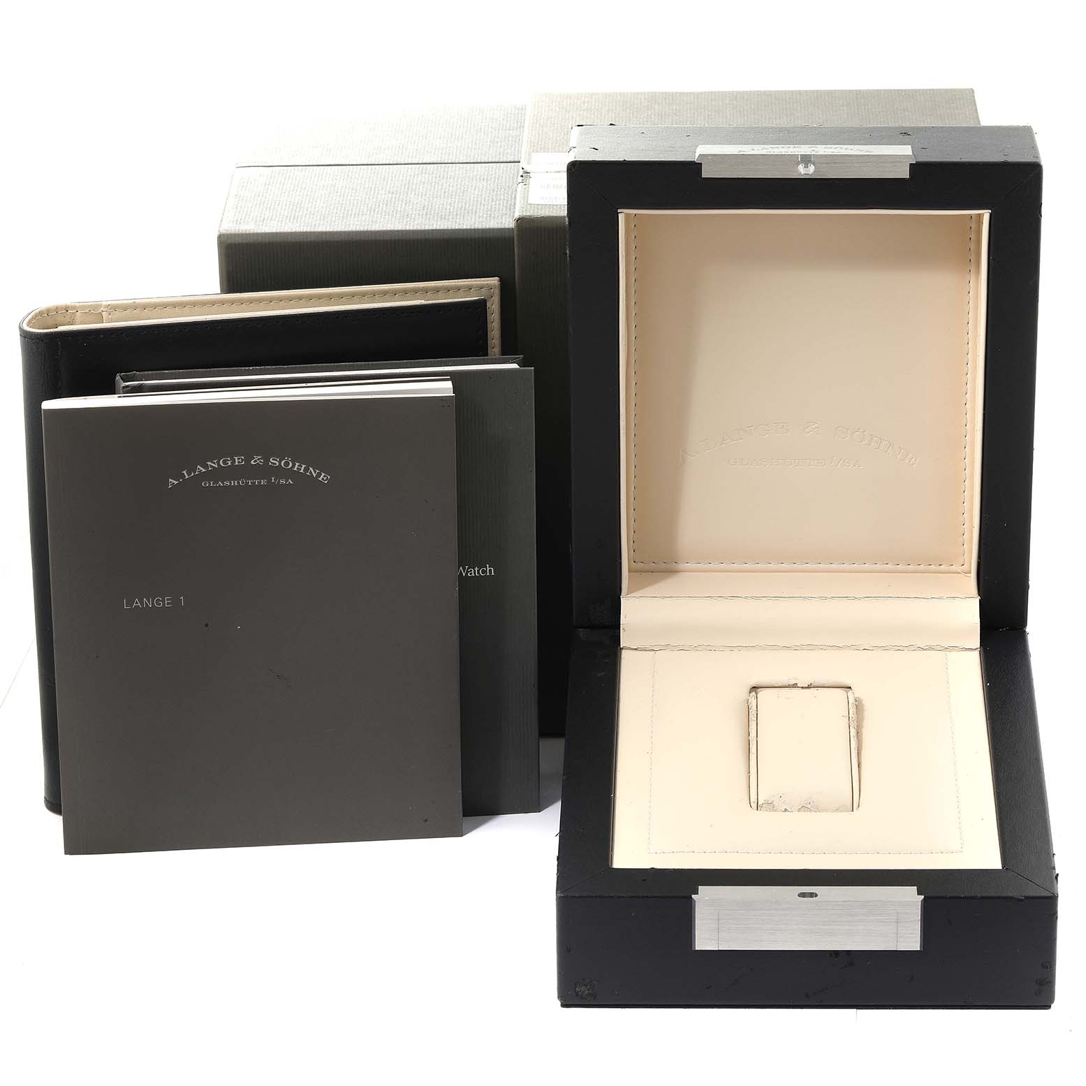 The image shows the open case and manuals for an A. Lange & Sohne Lange 1 101.032 Men's Rose Gold Silver Dial watch, viewed from the front.