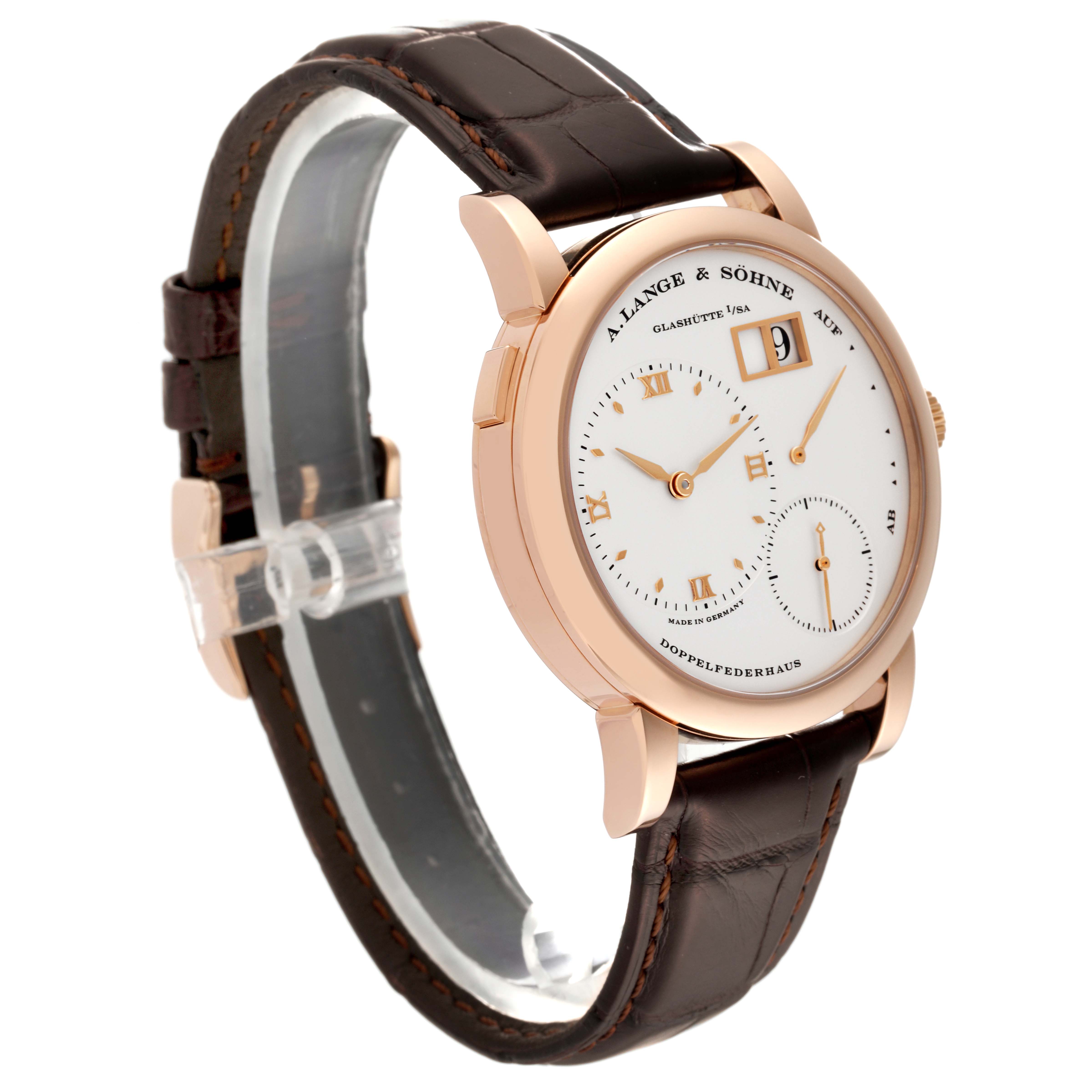 The image shows a side-angle view of an A. Lange & Sohne Lange 1 101.032 Men's Rose Gold Silver Dial watch with a brown leather strap and a rose gold case.
