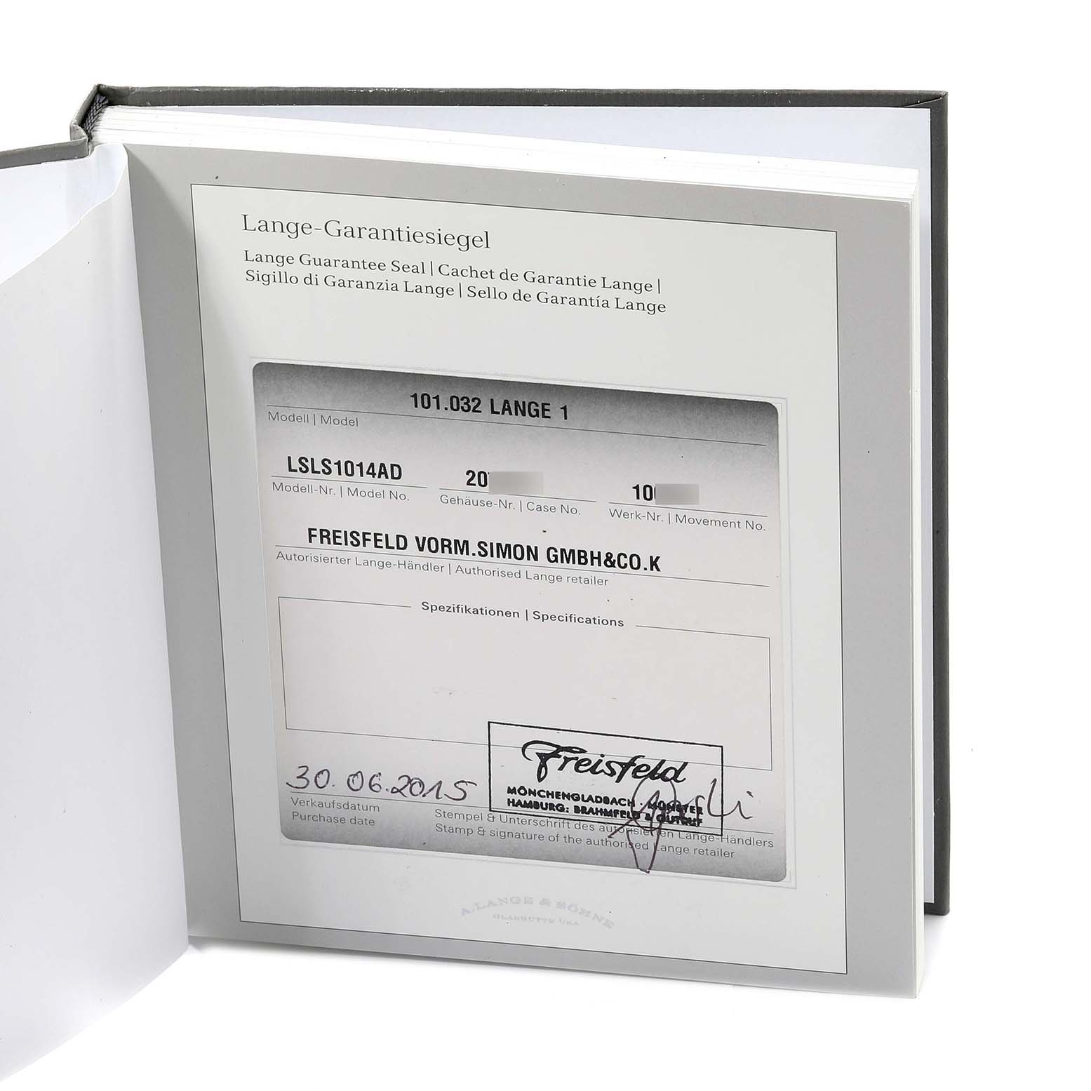 The image shows the warranty certificate page for the A. Lange & Sohne Lange 1 101.032 Men's Rose Gold Silver Dial model.