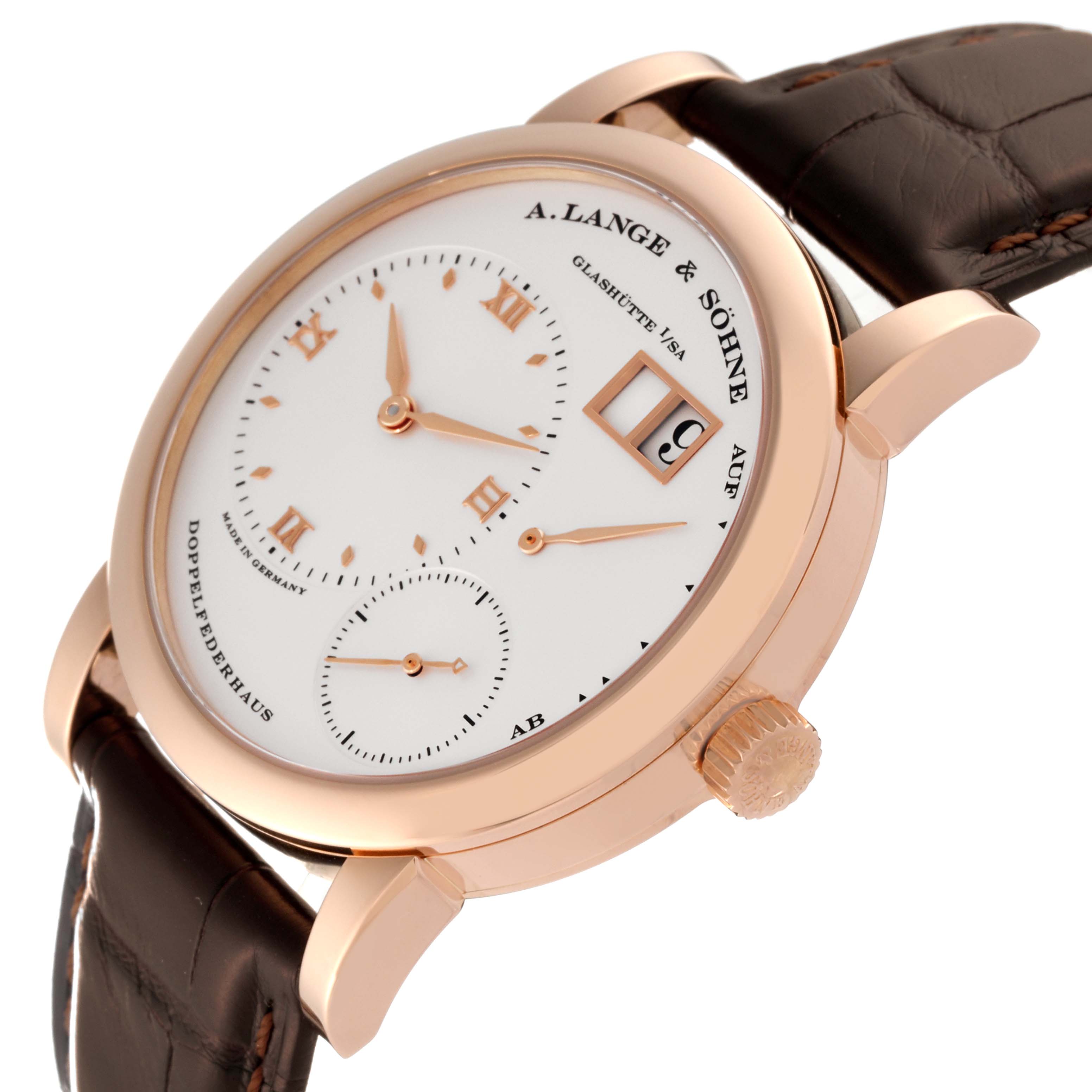 The image shows a side angle of the A. Lange & Sohne Lange 1 101.032 Men's Rose Gold Silver Dial watch, highlighting its dial, crown, and leather strap.