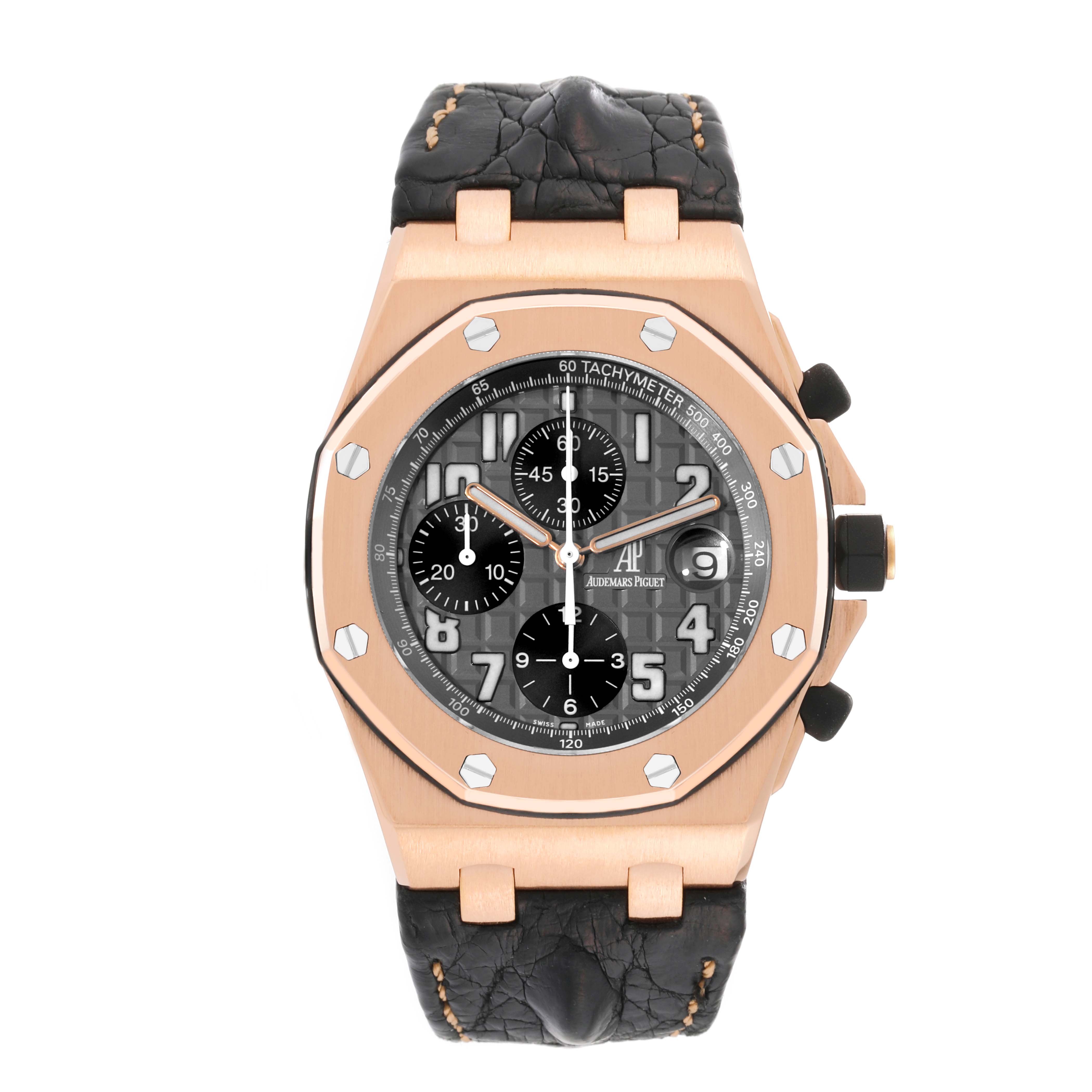 This Audemars Piguet Royal Oak Offshore 2590OK.OO.D002CA.01 Men's Rose Gold Grey Dial 2590OK.OO.D002CA.01 Men's Rose Gold Grey Dial watch is shown from a front view, displaying its rose gold case, black dial, and leather strap.