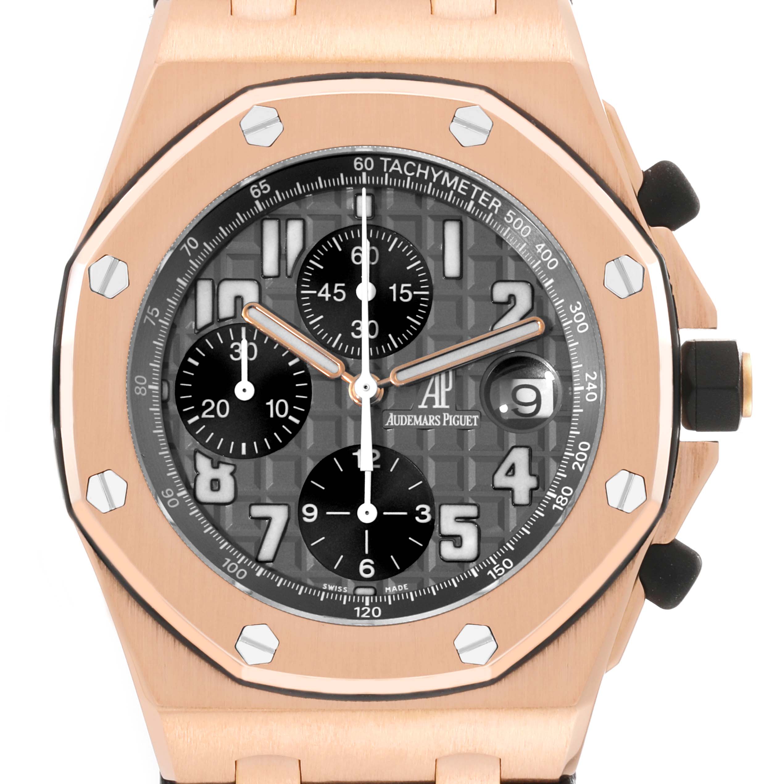 The image shows a frontal view of an Audemars Piguet Royal Oak Offshore 2590OK.OO.D002CA.01 Men's Rose Gold Grey Dial 2590OK.OO.D002CA.01 Men's Rose Gold Grey Dial watch, highlighting its dial, bezel, and chronograph subdials.