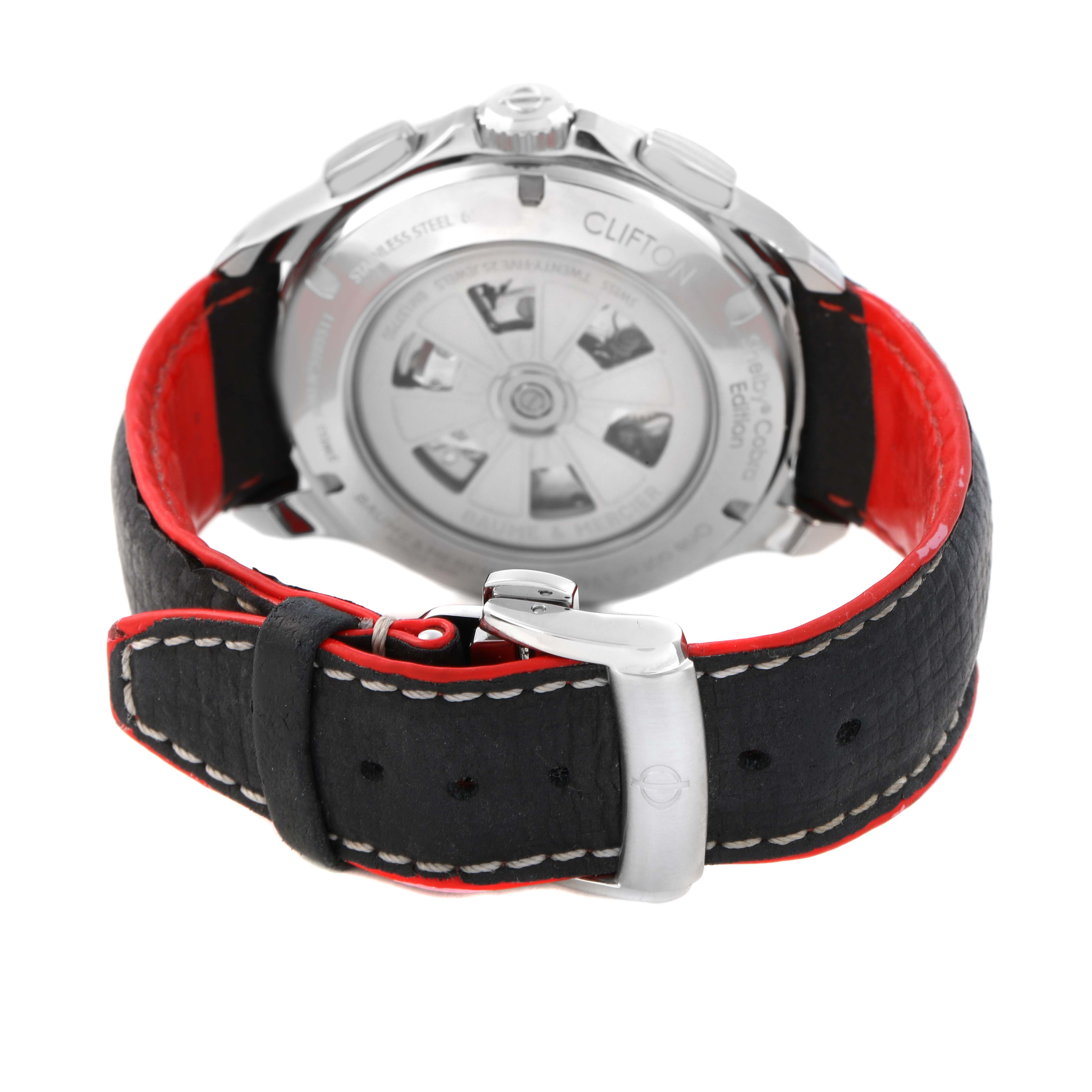 The image shows the back of the Baume & Mercier Clifton 65822 Men's Stainless Steel Silver Dial watch, displaying the case back and strap.