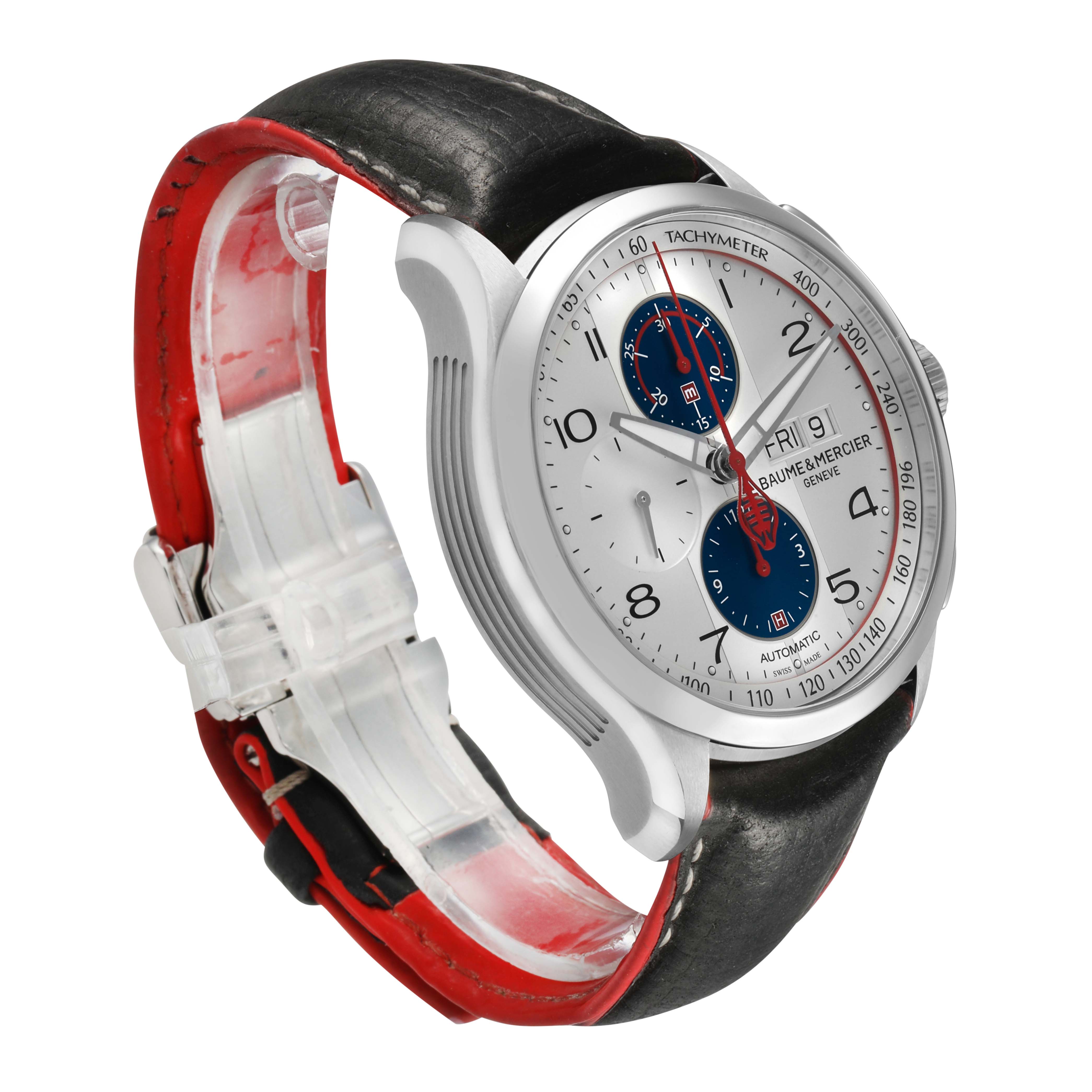 The image shows a Baume & Mercier Clifton 65822 Men's Stainless Steel Silver Dial watch at a 3/4 angle, displaying the face, side profile, and leather strap.