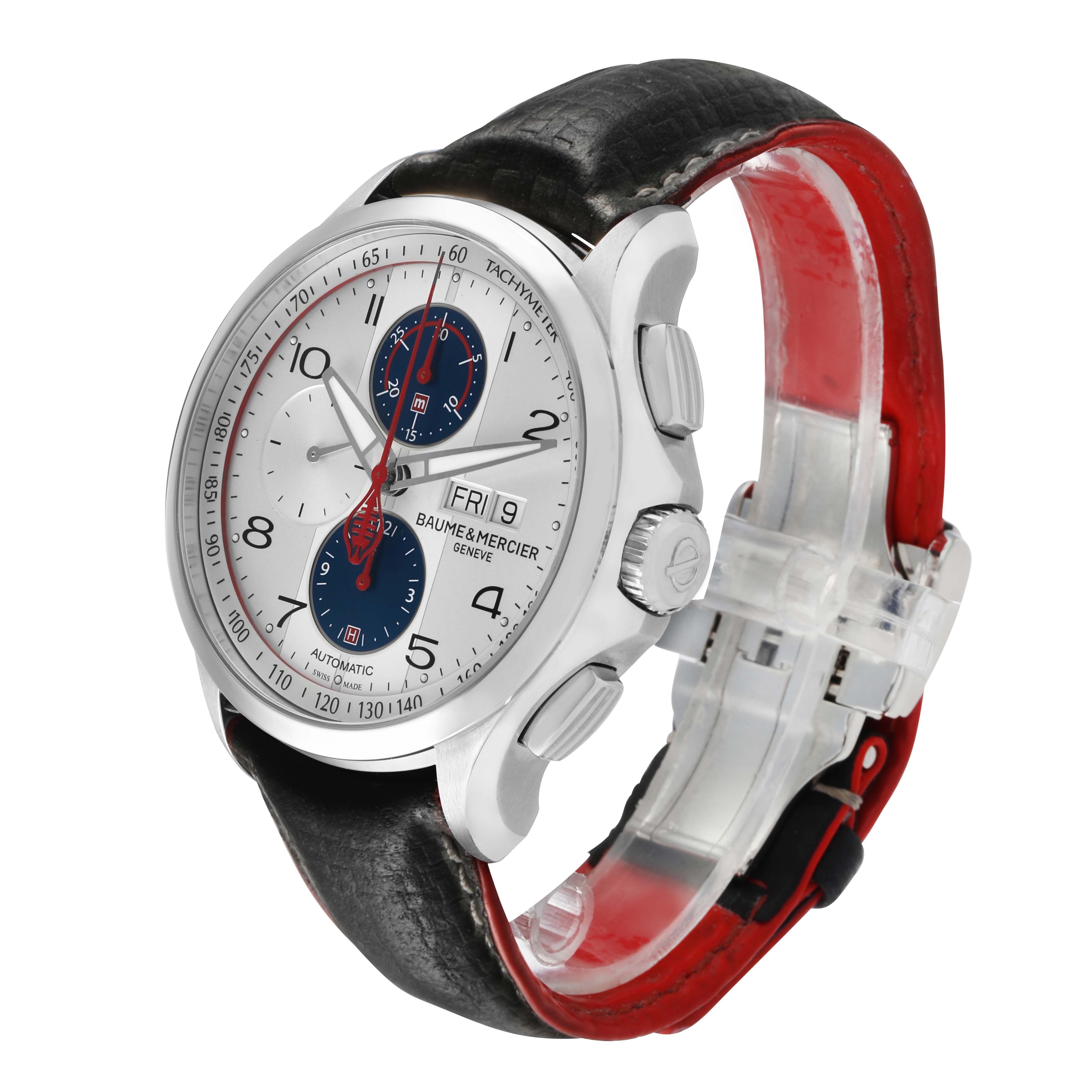 The Baume & Mercier Clifton 65822 Men's Stainless Steel Silver Dial watch is shown at a three-quarter angle, highlighting the dial, bezel, crown, and leather strap.