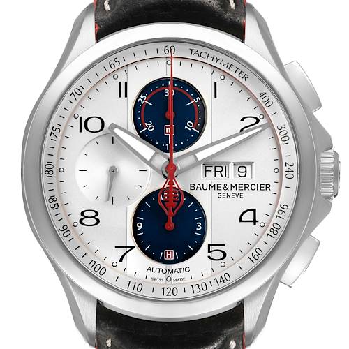 The Baume & Mercier Clifton 65822 Men's Stainless Steel Silver Dial watch is shown from a front angle, highlighting the dial, subdials, tachymeter, and date display.