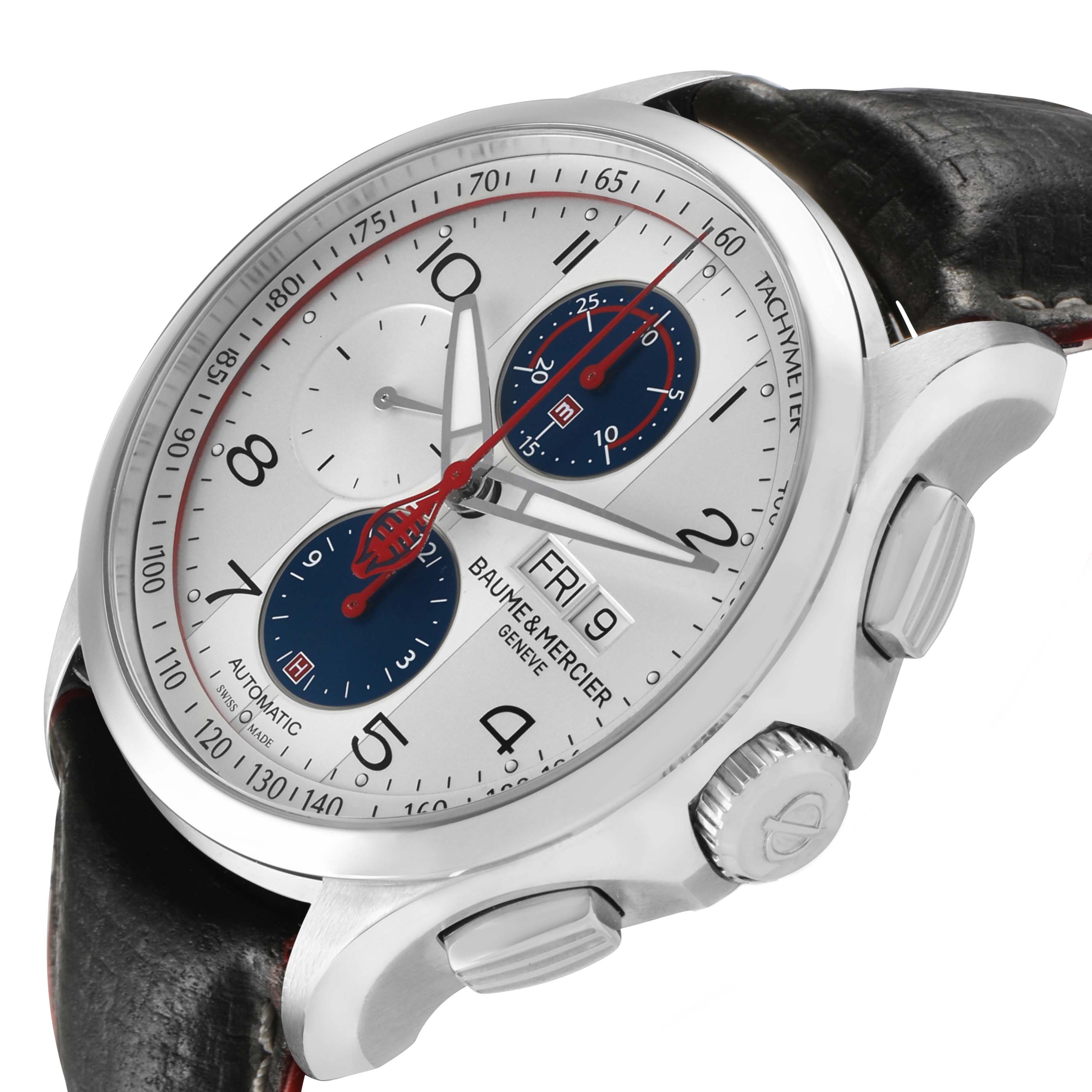 The Baume & Mercier Clifton 65822 Men's Stainless Steel Silver Dial watch is shown from an angled side-view, highlighting the dial, subdials, crown, and pushers.