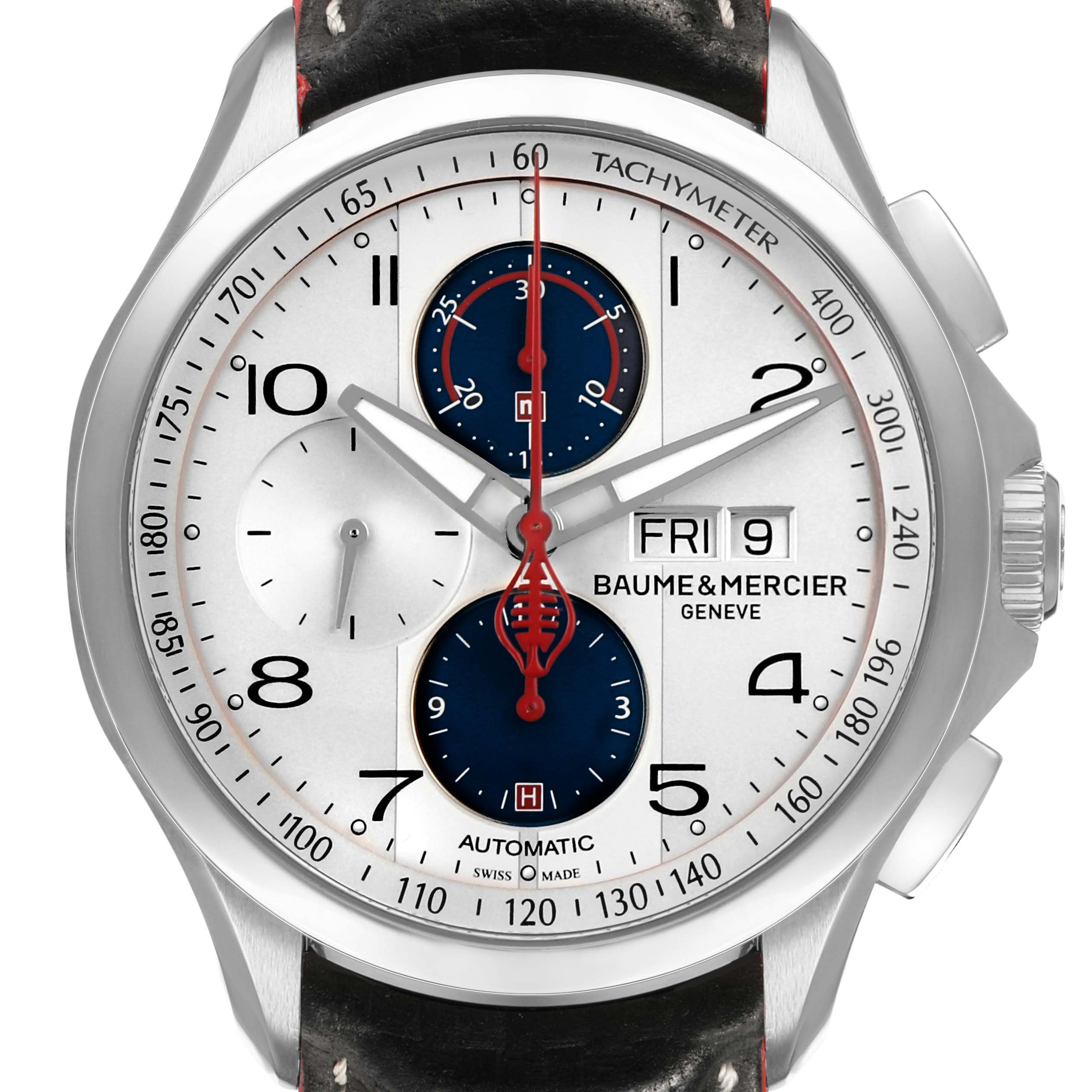 The Baume & Mercier Clifton 65822 Men's Stainless Steel Silver Dial watch is shown from the front, highlighting its dial, subdials, tachymeter scale, and date display.