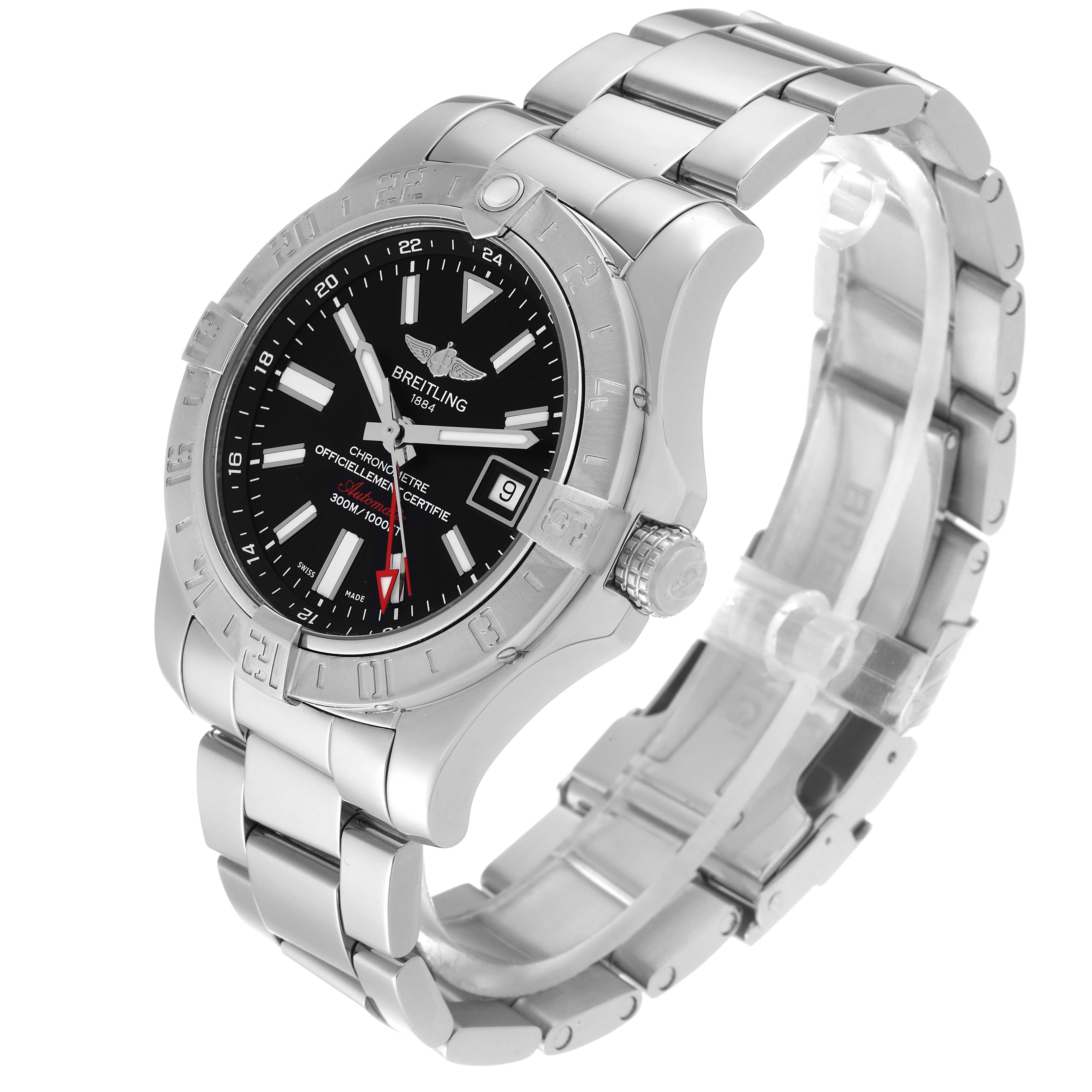 The Breitling Avenger A32390 Men's Stainless Steel Black Dial A32390 Men's Stainless Steel Black Dial watch is shown at an angle, displaying its face, bezel, crown, and metal bracelet.