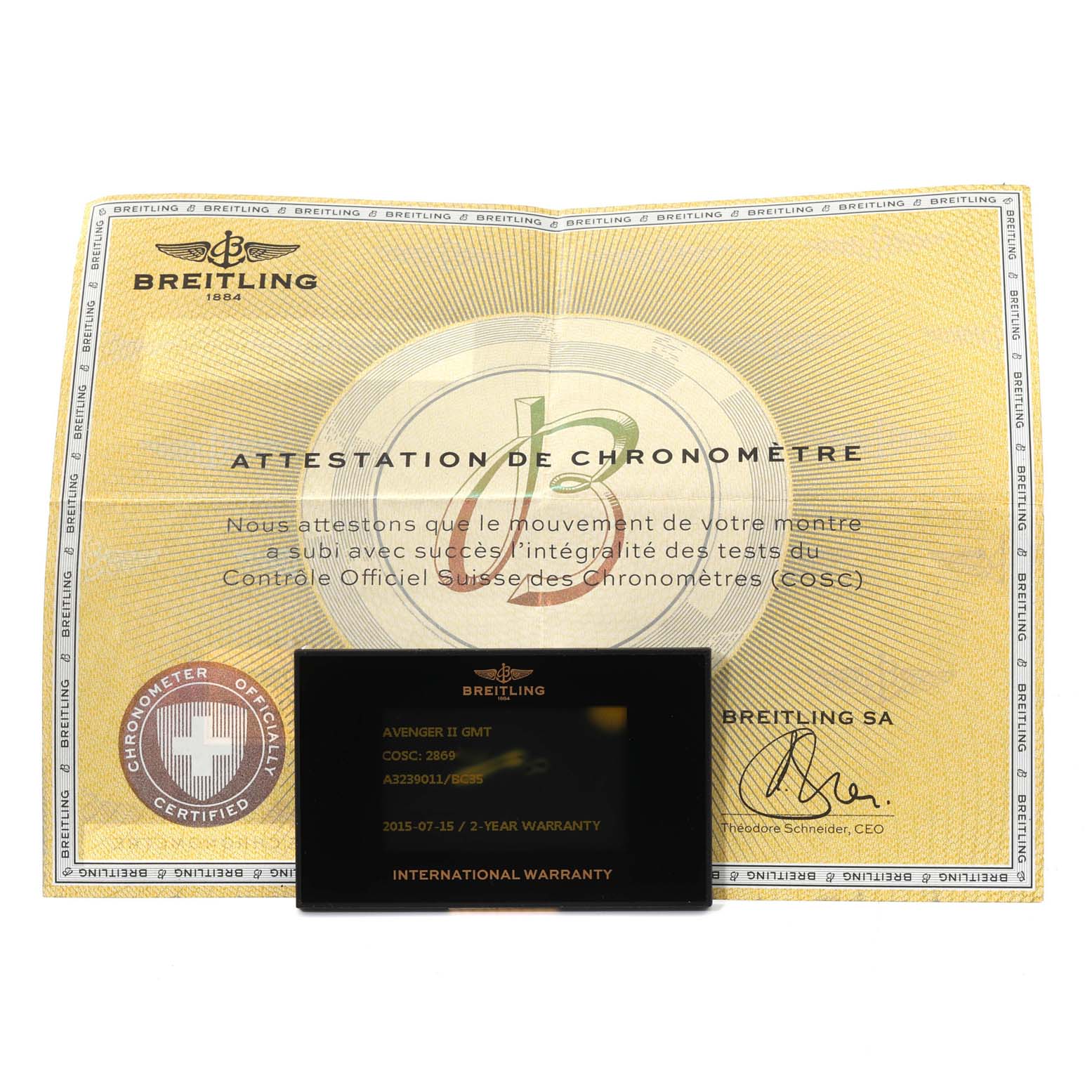 The image shows the warranty card and chronometer certification for a Breitling Avenger A32390 Men's Stainless Steel Black Dial A32390 Men's Stainless Steel Black Dial II GMT watch.