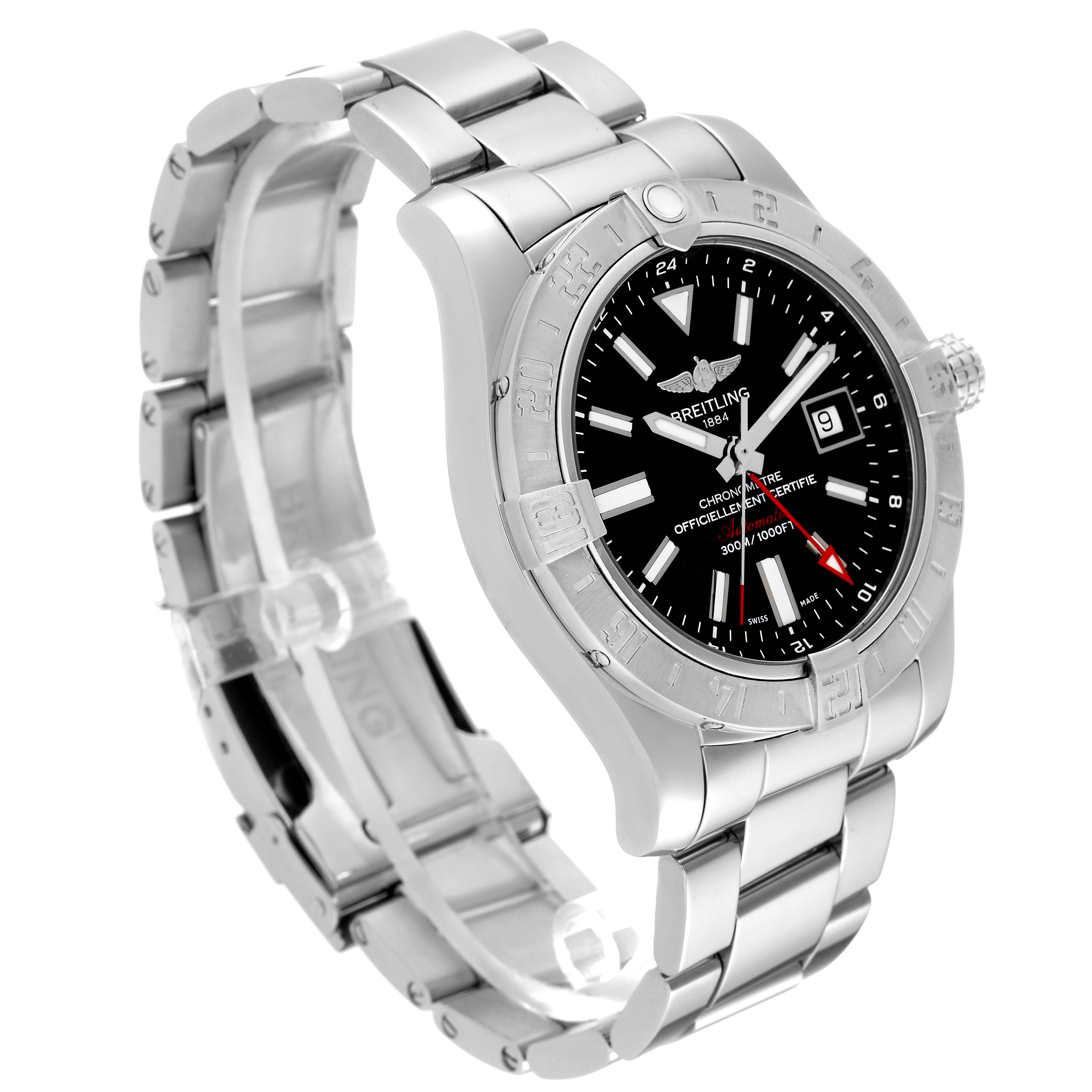 This image shows a side and front angle of the Breitling Avenger A32390 Men's Stainless Steel Black Dial A32390 Men's Stainless Steel Black Dial watch, highlighting the stainless steel case, bracelet, and black dial.