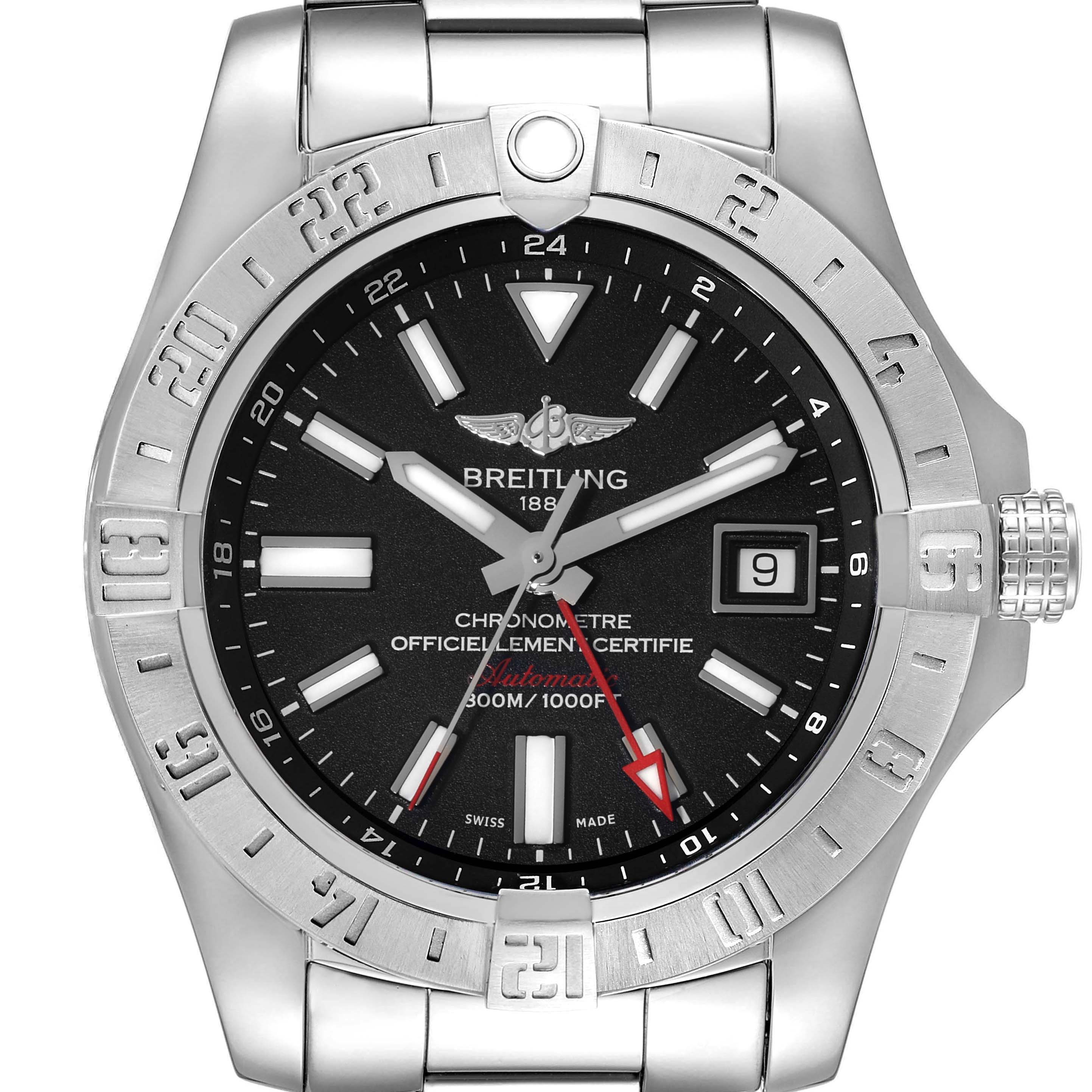The image shows a frontal view of the Breitling Avenger A32390 Men's Stainless Steel Black Dial A32390 Men's Stainless Steel Black Dial watch, featuring the dial, bezel, and a portion of the bracelet.