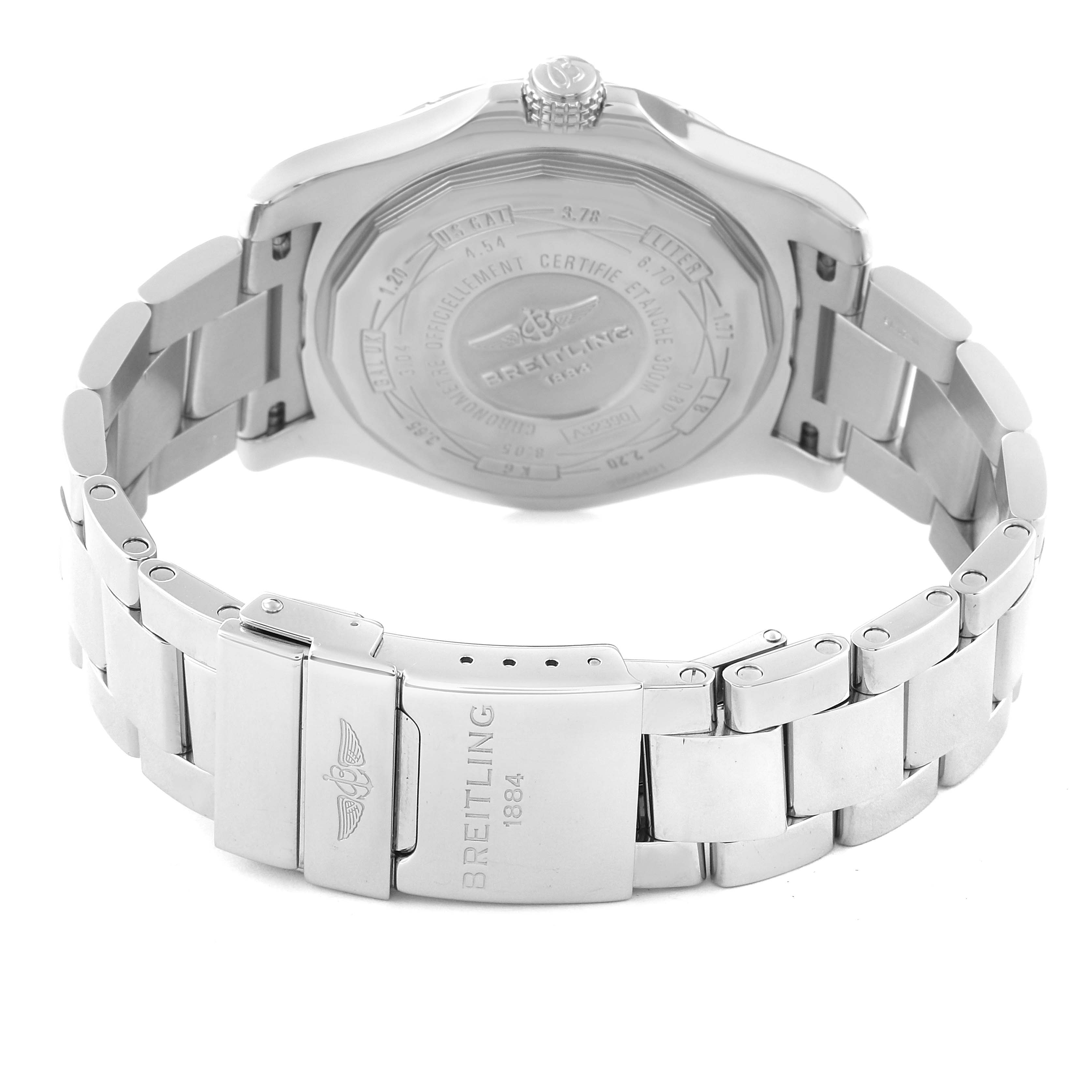 The image shows the backside and bracelet of the Breitling Avenger A32390 Men's Stainless Steel Black Dial A32390 Men's Stainless Steel Black Dial watch, highlighting its clasp and case back.