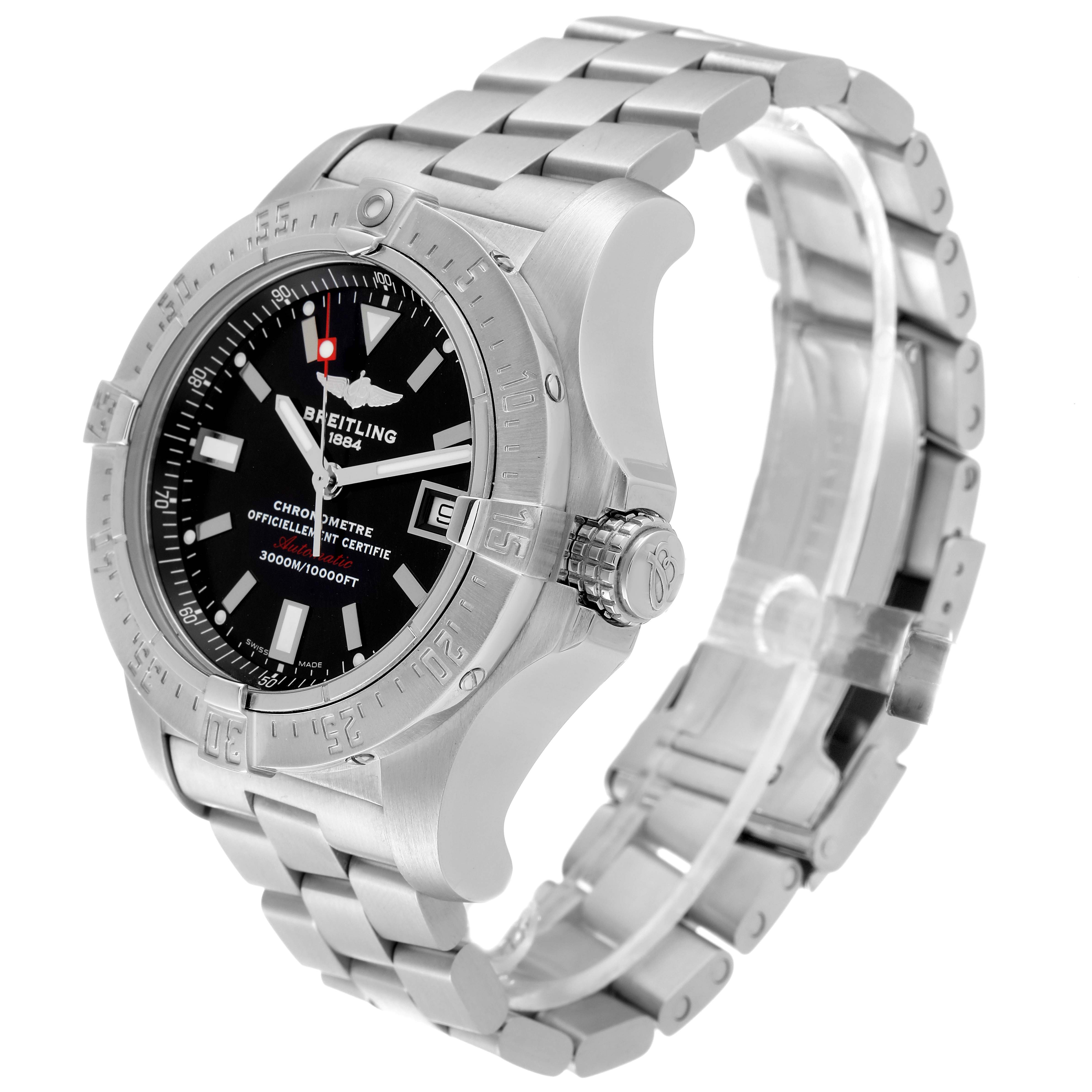 The Breitling Avenger A17330 Men's Stainless Steel Black Dial A17330 Men's Stainless Steel Black Dial watch is shown at a three-quarter angle, highlighting its dial, bezel, crown, and stainless steel bracelet.