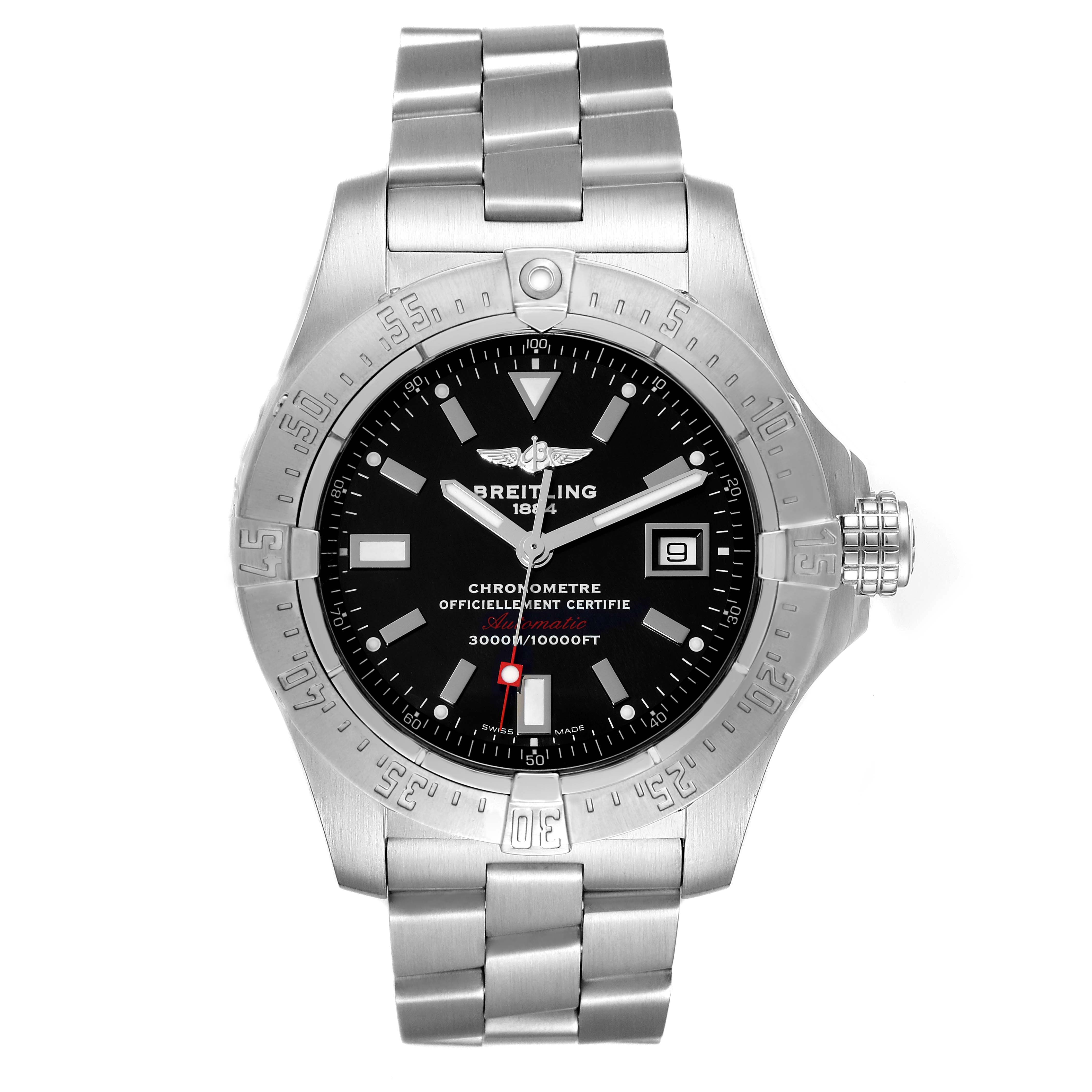 The image shows a front view of the Breitling Avenger A17330 Men's Stainless Steel Black Dial A17330 Men's Stainless Steel Black Dial watch, highlighting its dial, bezel, and metal bracelet.