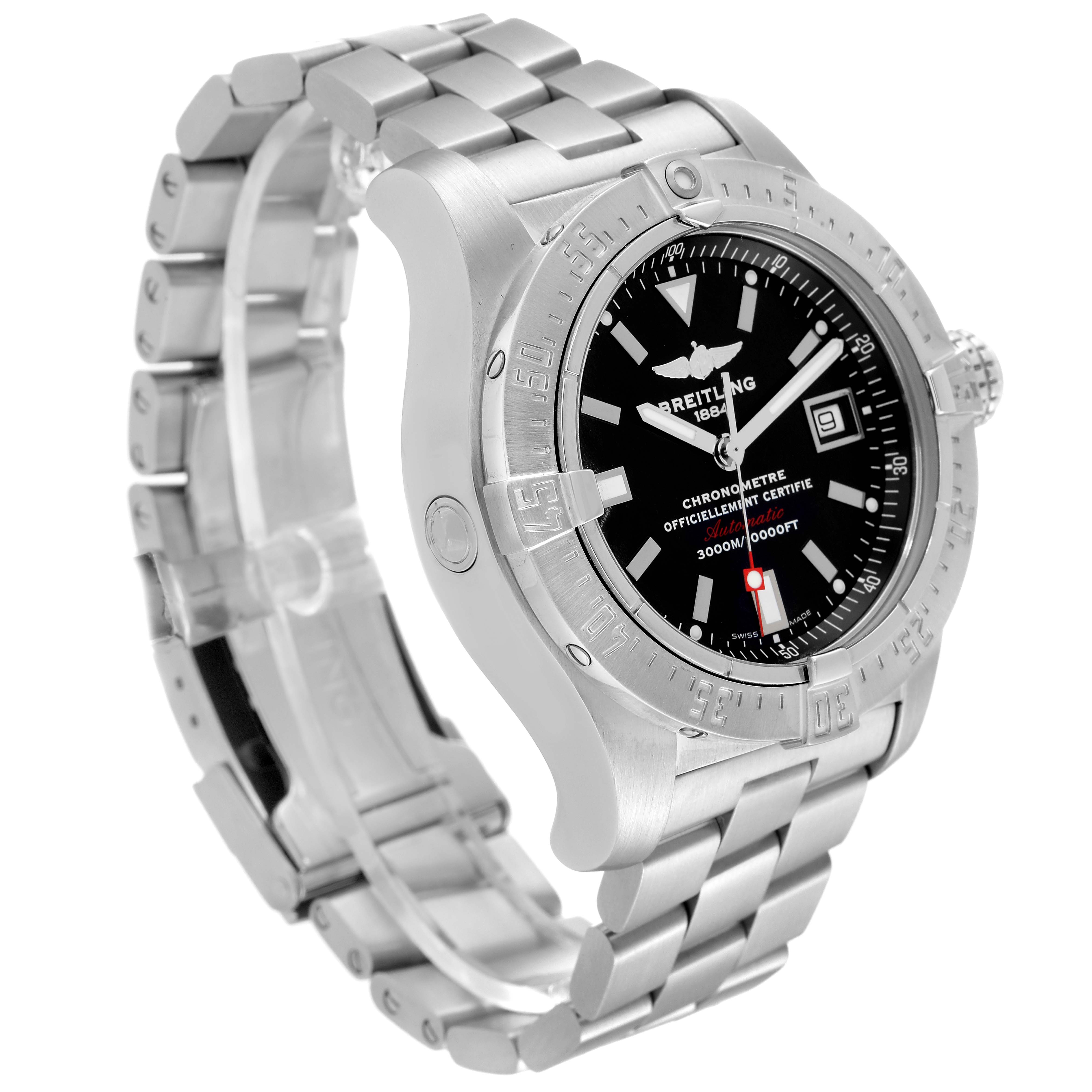 The Breitling Avenger A17330 Men's Stainless Steel Black Dial A17330 Men's Stainless Steel Black Dial watch is shown at a three-quarter angle, highlighting the face, bezel, crown, and bracelet.