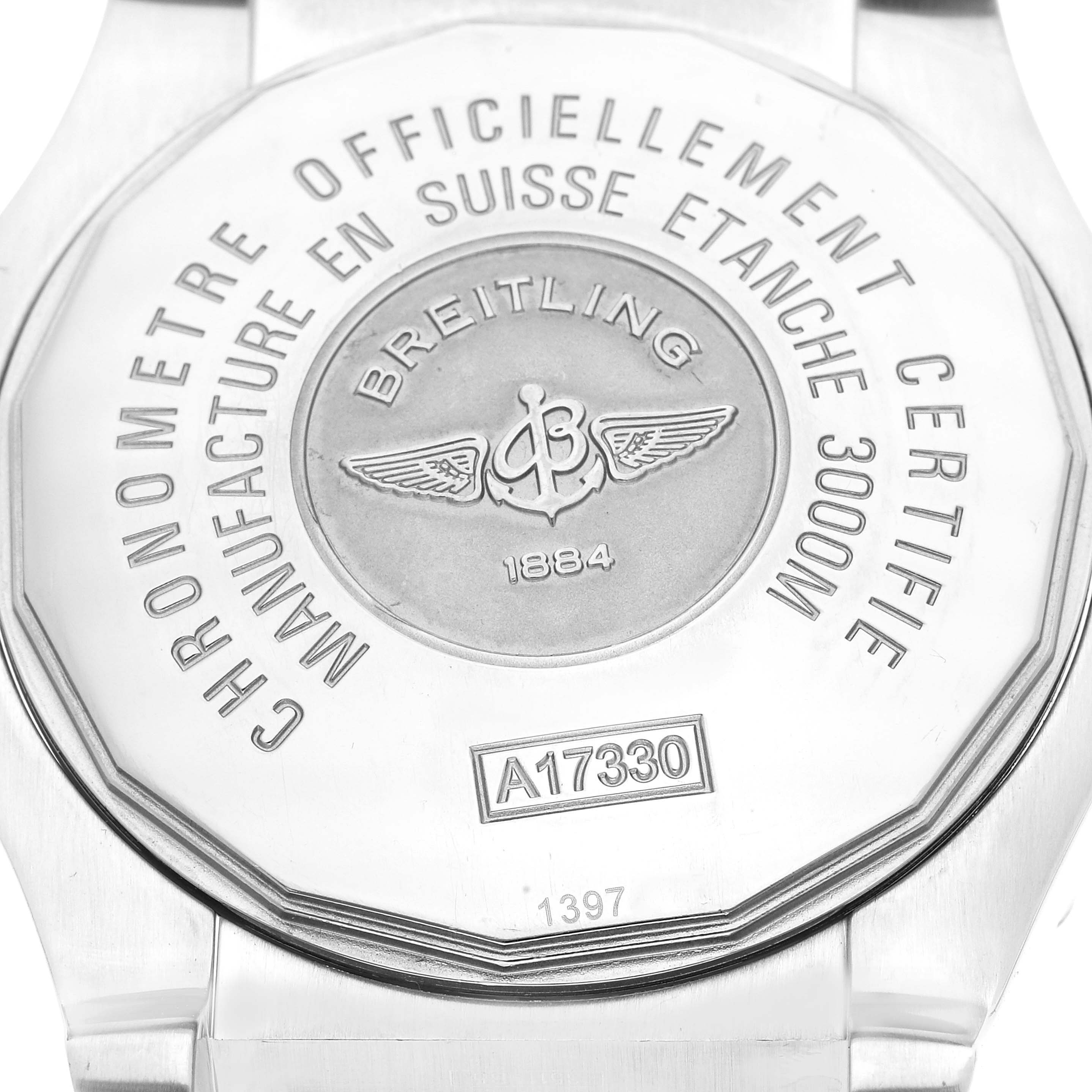 This is the back view of the Breitling Avenger A17330 Men's Stainless Steel Black Dial A17330 Men's Stainless Steel Black Dial watch, showing its engravings and model number A17330.