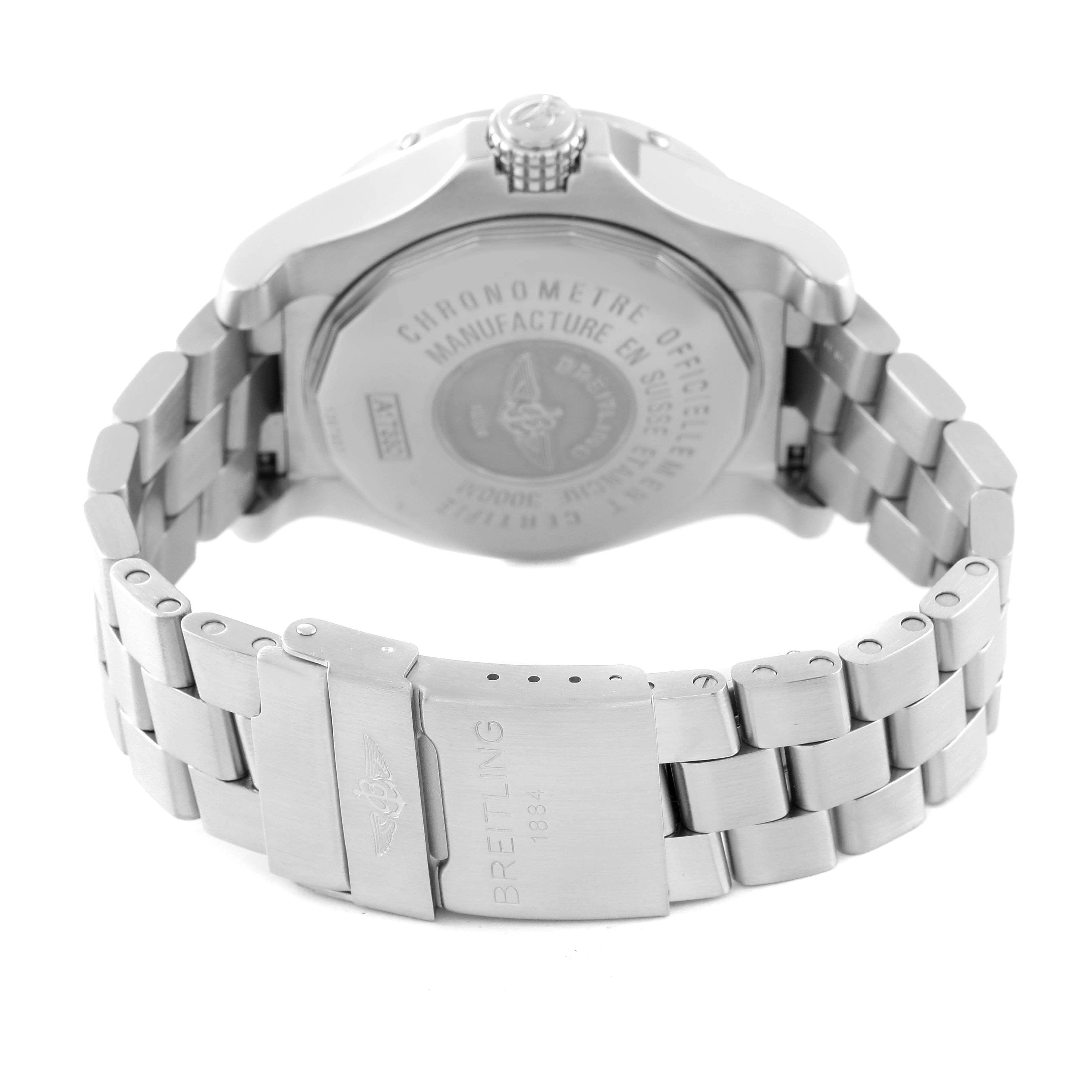 The image shows the back case, crown, and clasp of a Breitling Avenger A17330 Men's Stainless Steel Black Dial A17330 Men's Stainless Steel Black Dial watch from a rear angle.