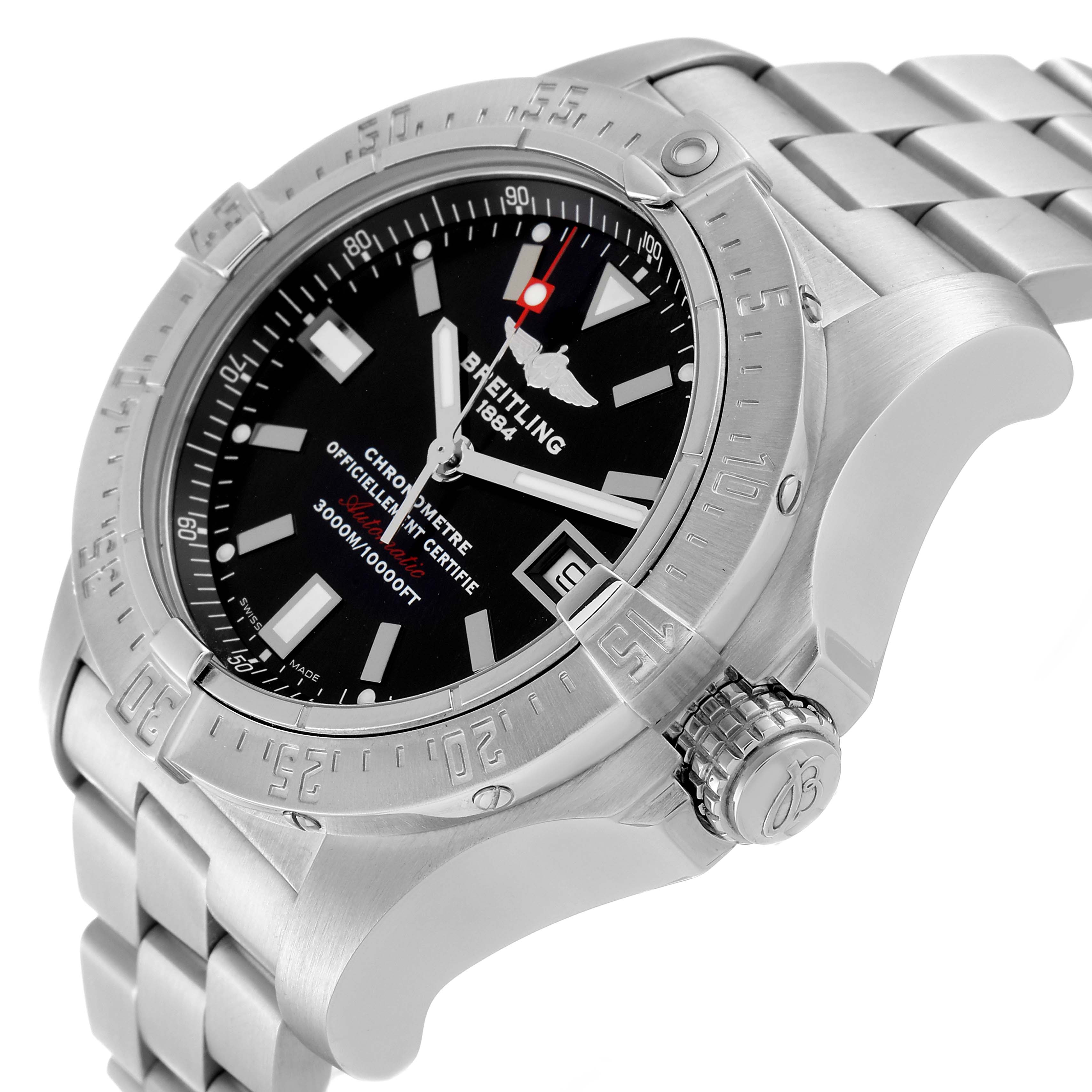 This image shows a Breitling Avenger A17330 Men's Stainless Steel Black Dial A17330 Men's Stainless Steel Black Dial watch at an angled view, highlighting the bezel, dial, crown, and part of the bracelet.