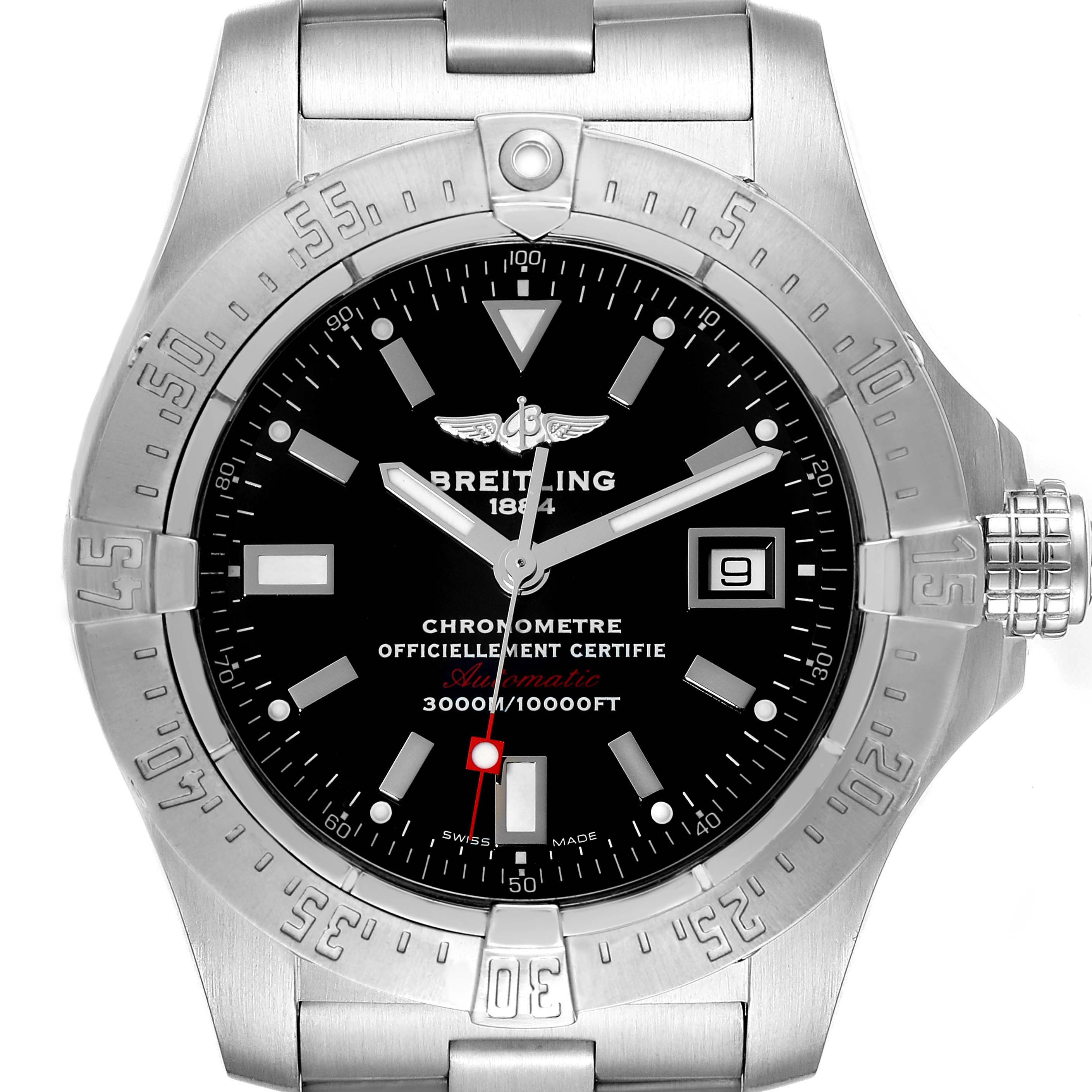 This image shows a front view of the Breitling Avenger A17330 Men's Stainless Steel Black Dial A17330 Men's Stainless Steel Black Dial model watch, displaying the dial, bezel, crown, and part of the bracelet.