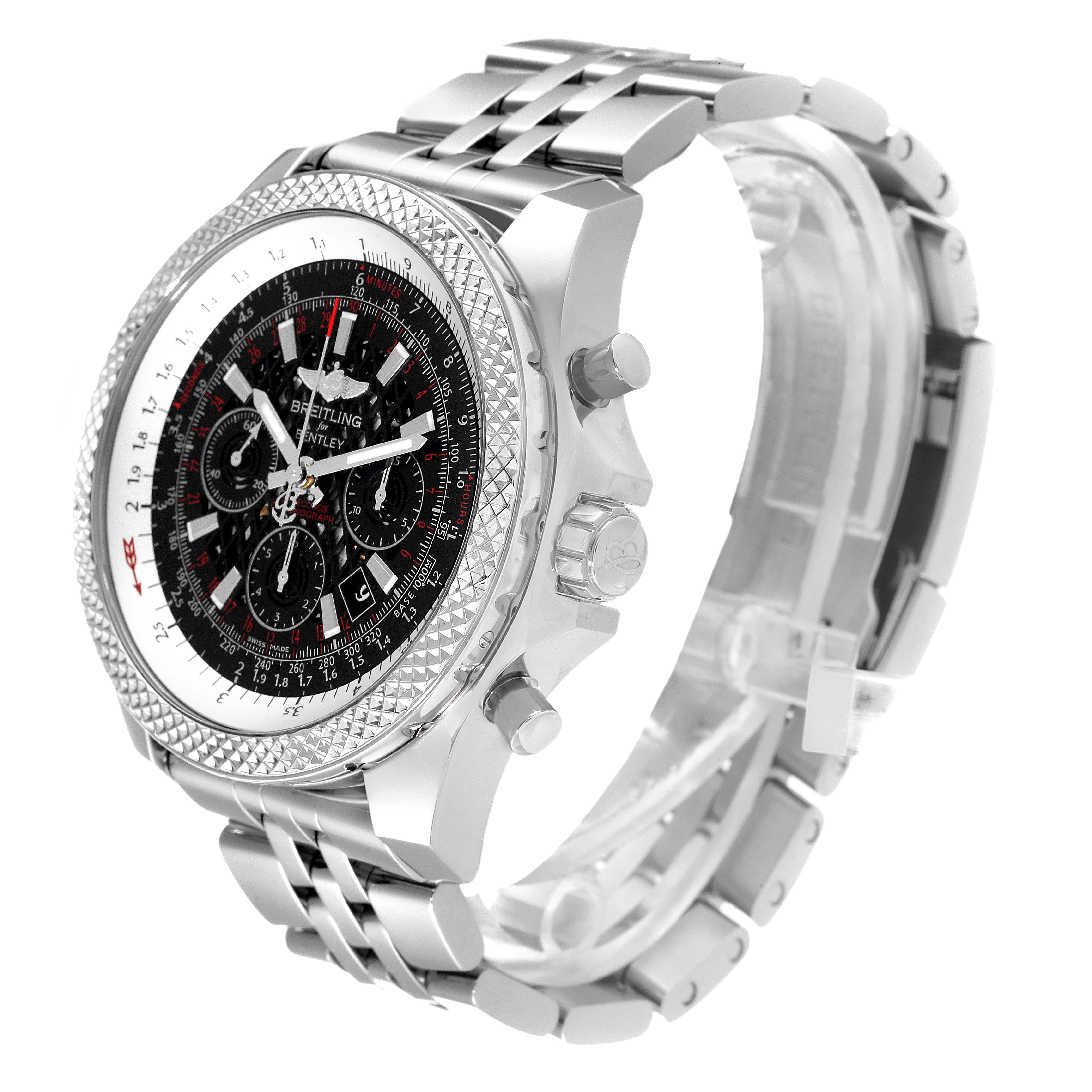 The image shows a side angle of the Breitling Bentley AB061112.BD80.990A Men's Stainless Steel Black Dial AB061112.BD80.990A Men's Stainless Steel Black Dial model watch, highlighting its dial, bezel, pushers, and bracelet.