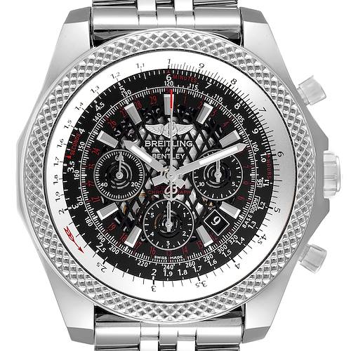 This image shows a front view of the Breitling Bentley watch, highlighting its intricate dial, bezel, and part of the bracelet.