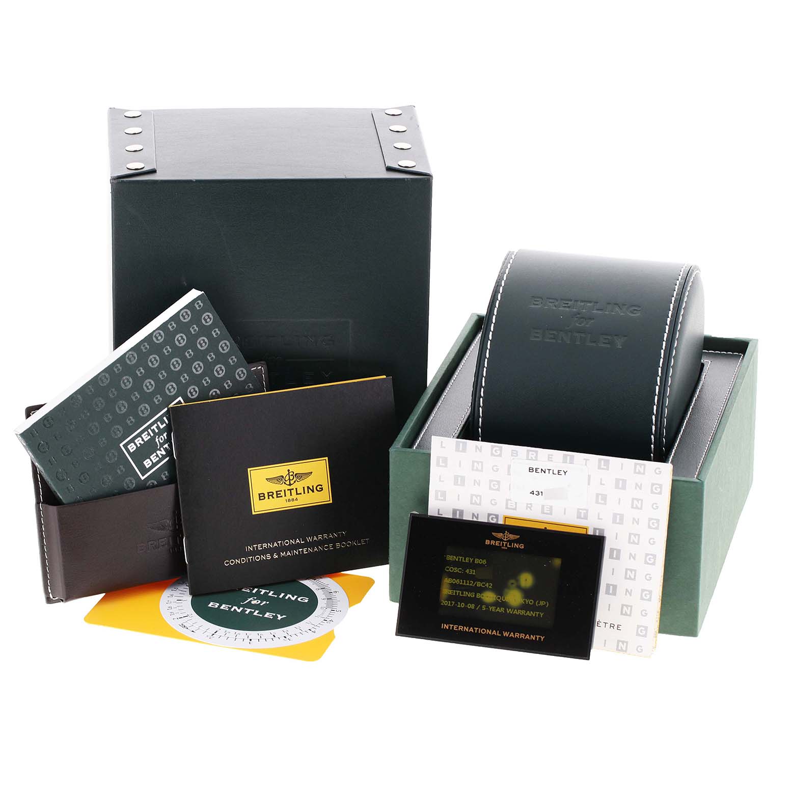 The image shows a Breitling Bentley AB061112.BD80.990A Men's Stainless Steel Black Dial AB061112.BD80.990A Men's Stainless Steel Black Dial watch set with packaging, warranty card, manuals, and a leather watch case from a front angle.