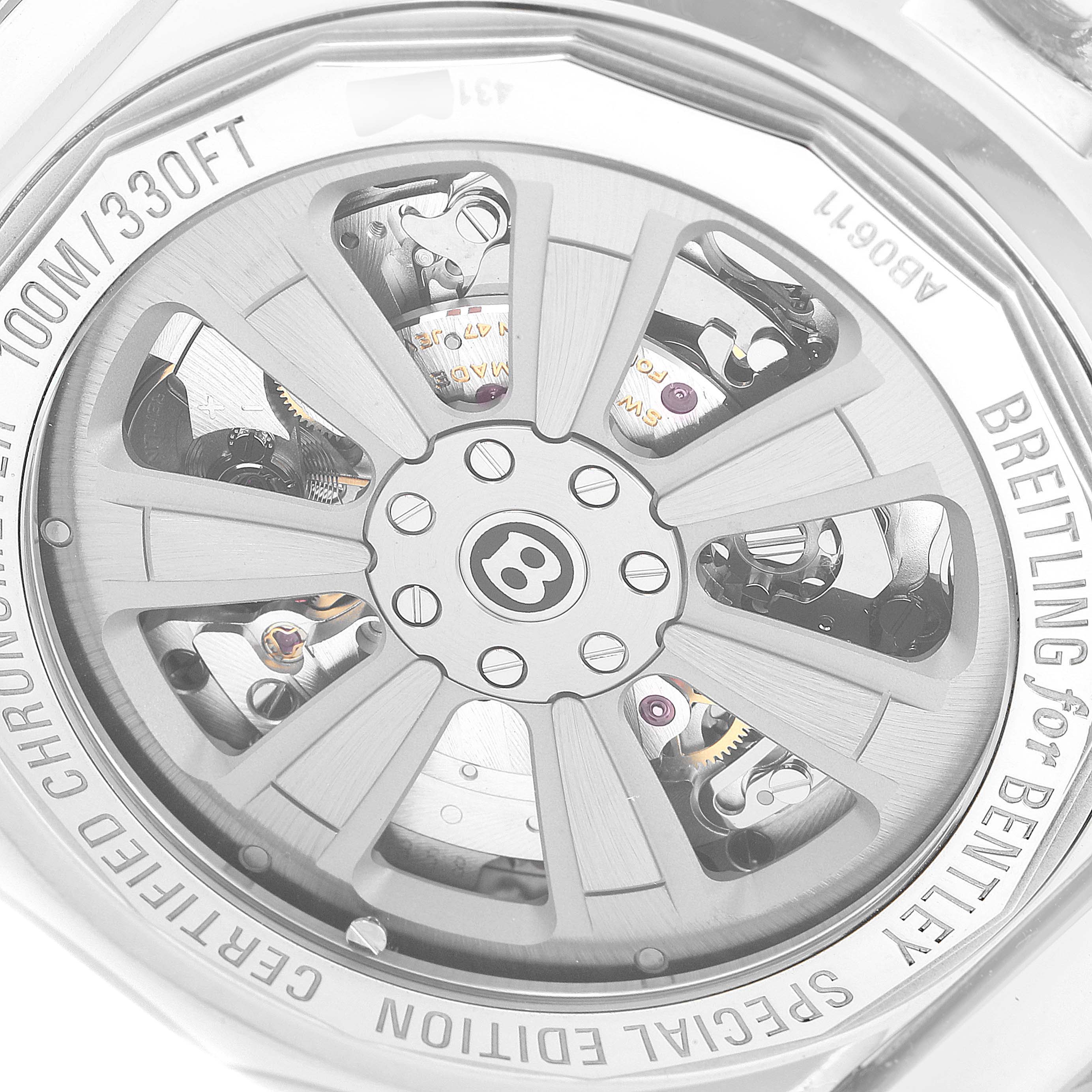 The image shows the back view of the Breitling Bentley AB061112.BD80.990A Men's Stainless Steel Black Dial AB061112.BD80.990A Men's Stainless Steel Black Dial watch, highlighting its intricate internal mechanics.