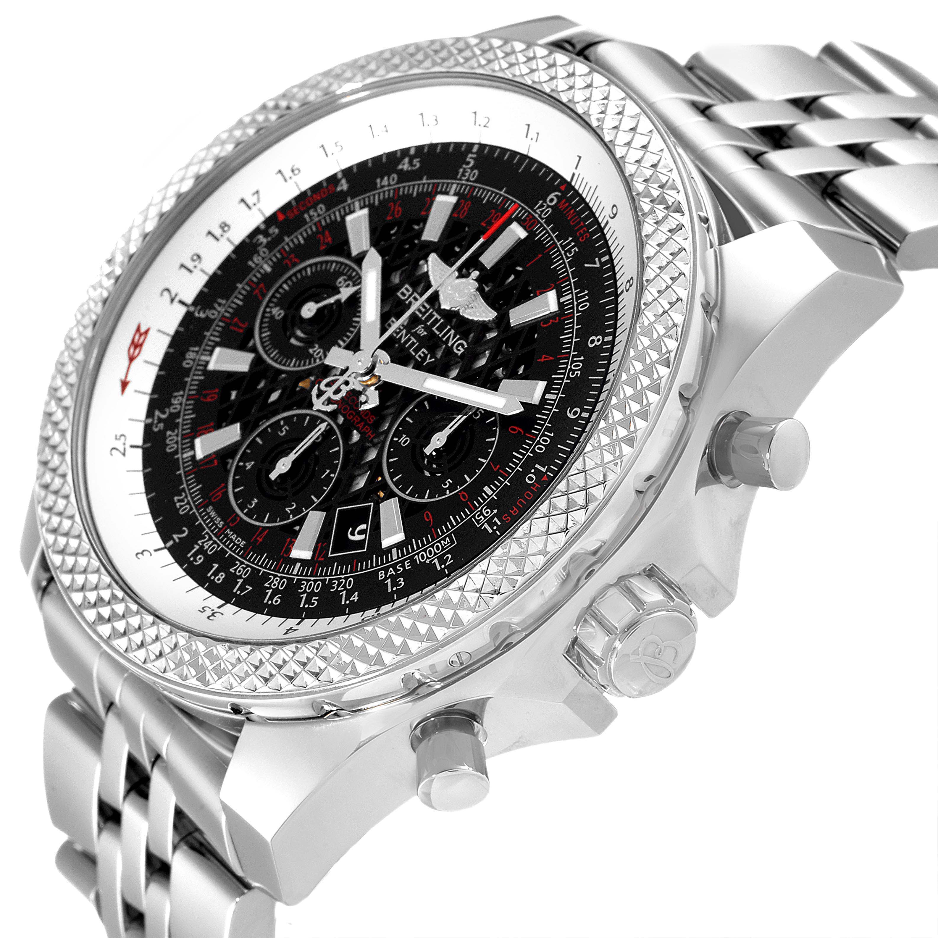 The Breitling Bentley AB061112.BD80.990A Men's Stainless Steel Black Dial AB061112.BD80.990A Men's Stainless Steel Black Dial watch is shown from a top-side angle, highlighting its face, bezel, pushers, and part of the bracelet.