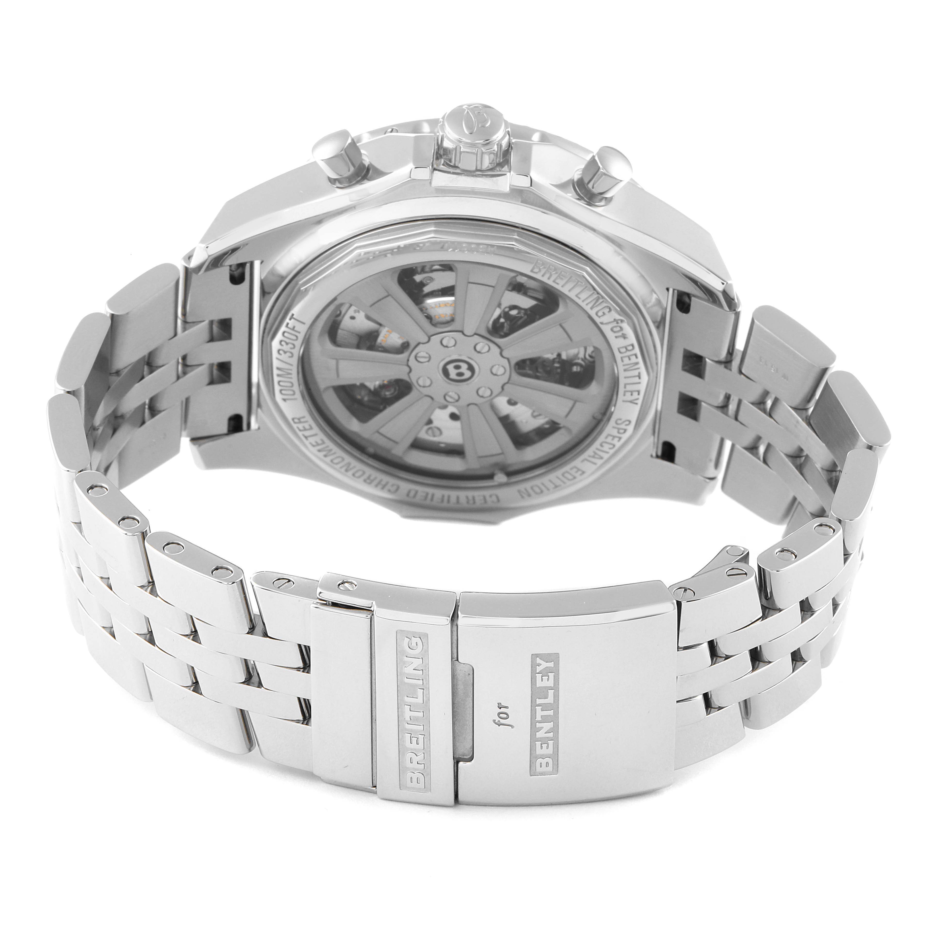 This image shows the back view of the Bentley model watch by Breitling, highlighting its intricate movement and bracelet clasp.
