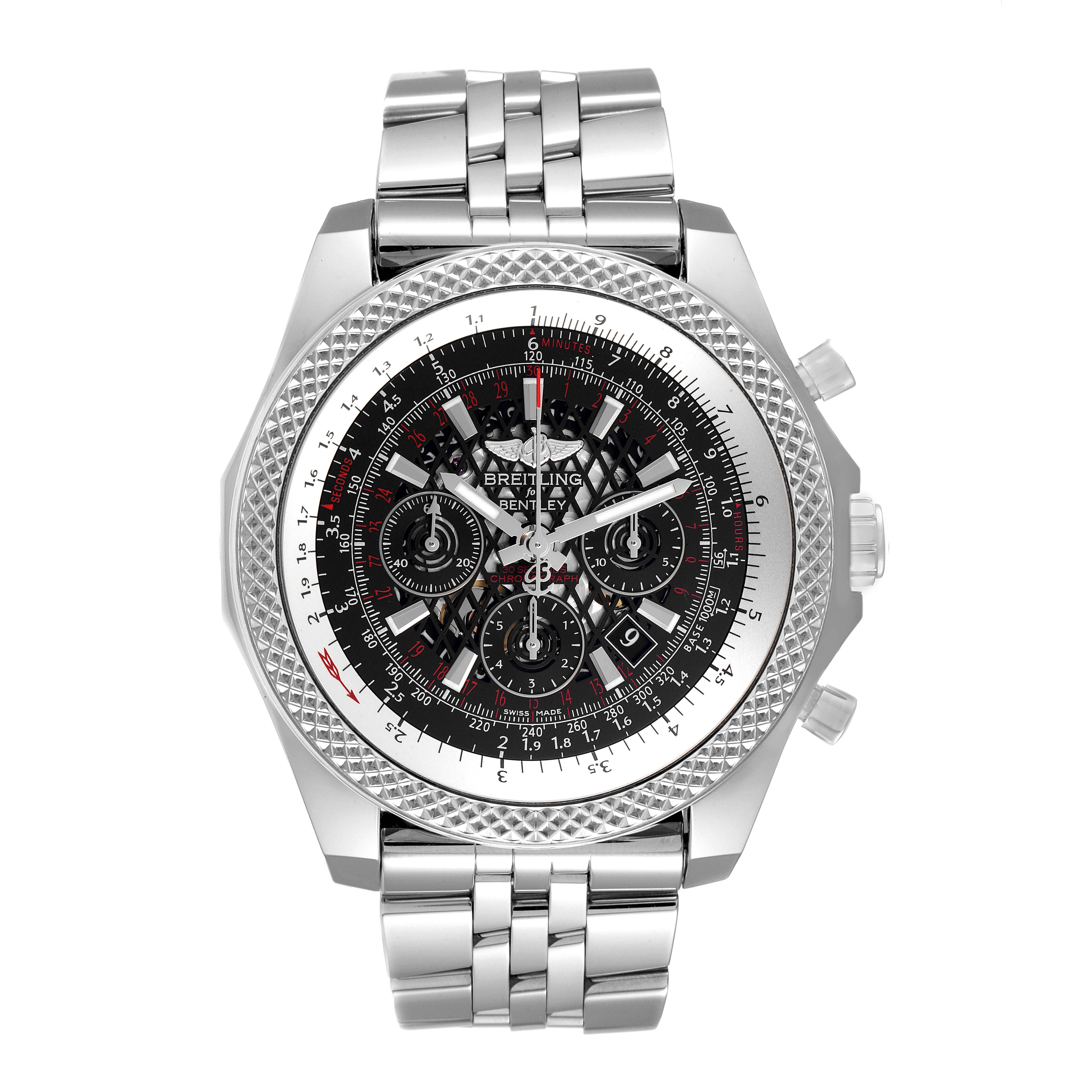 The image shows a front view of the Breitling Bentley AB061112.BD80.990A Men's Stainless Steel Black Dial AB061112.BD80.990A Men's Stainless Steel Black Dial watch, highlighting its face, bezel, and metallic bracelet.