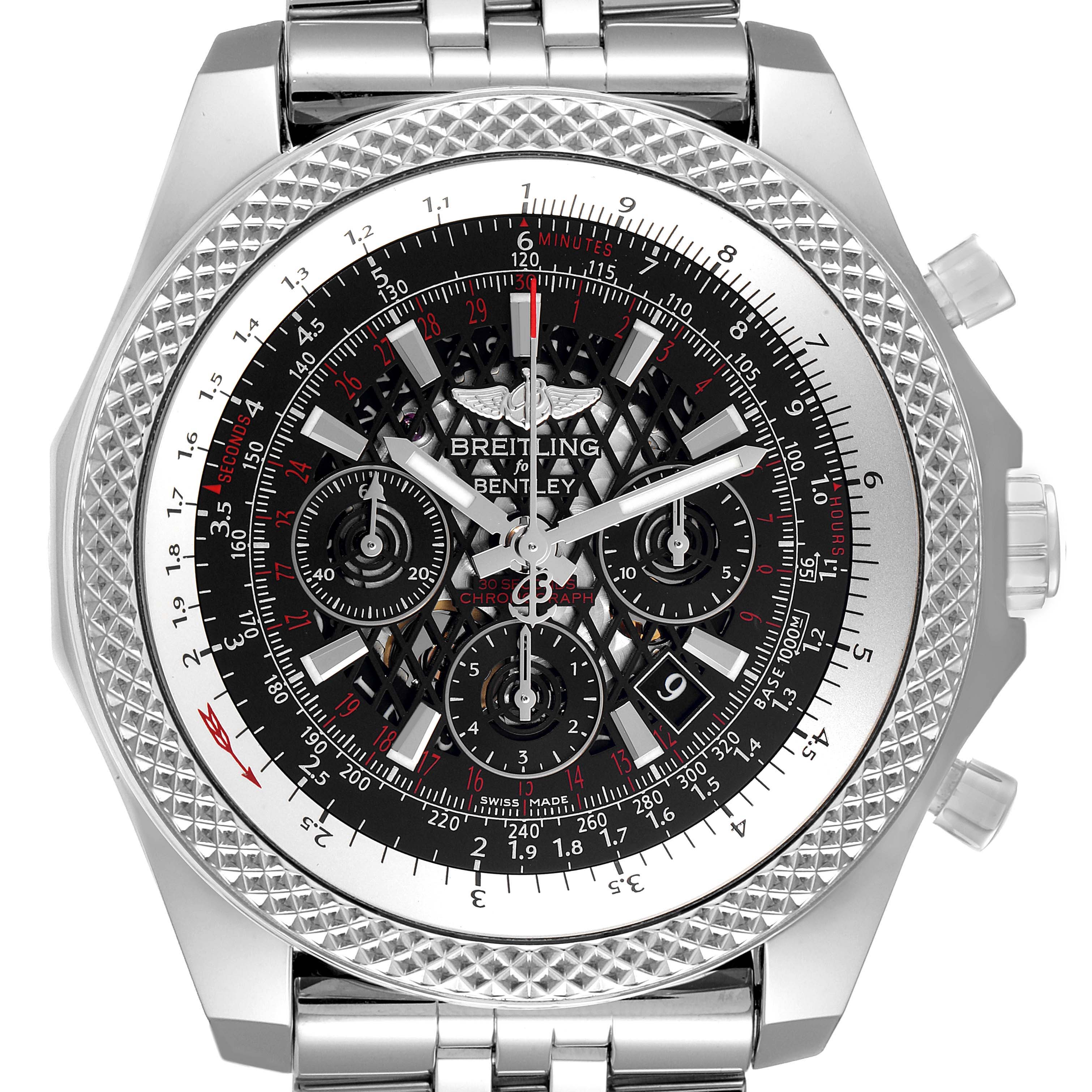 The Breitling Bentley AB061112.BD80.990A Men's Stainless Steel Black Dial AB061112.BD80.990A Men's Stainless Steel Black Dial watch is shown from a front angle, displaying the dial, bezel, and chronograph subdials.