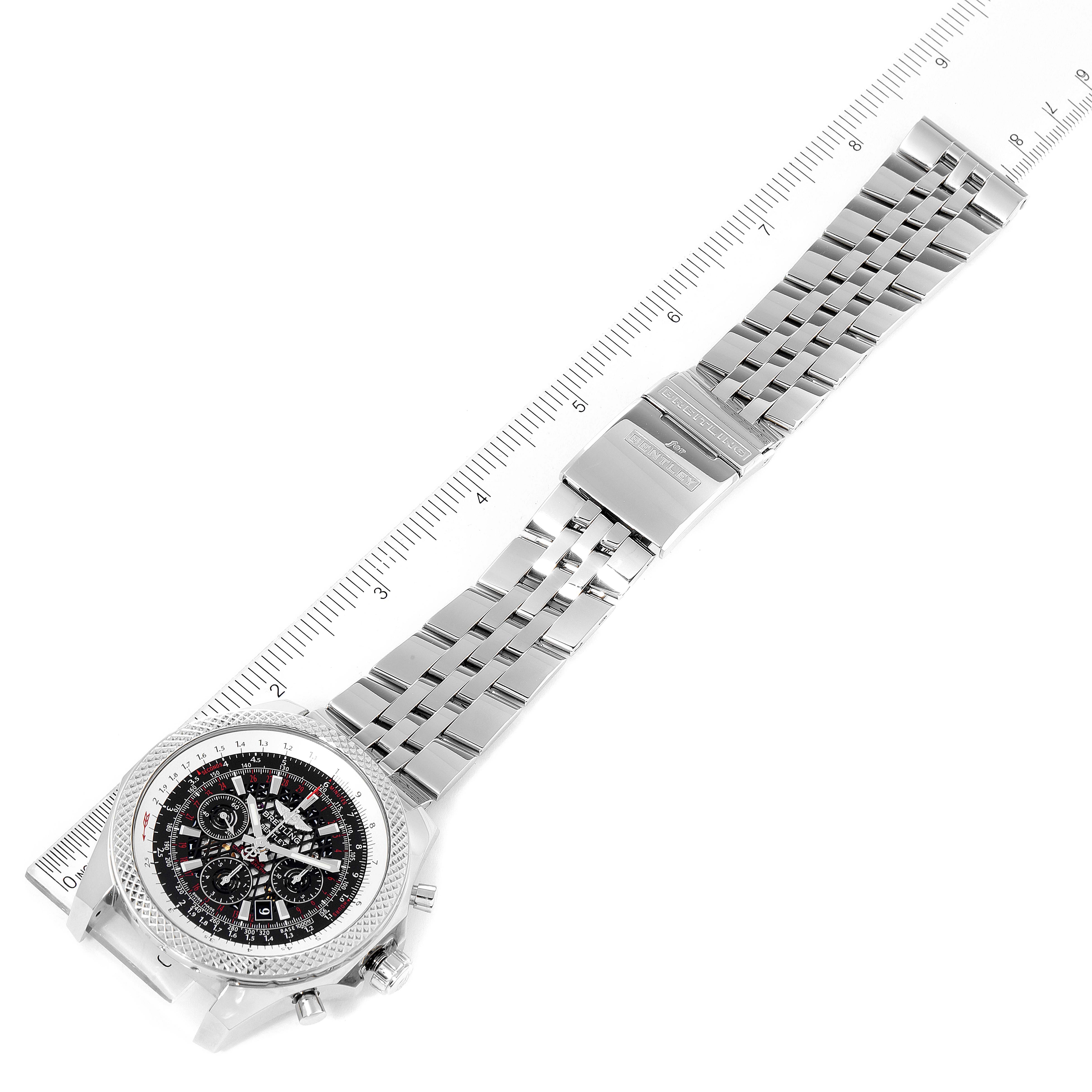 This image shows the Breitling Bentley AB061112.BD80.990A Men's Stainless Steel Black Dial AB061112.BD80.990A Men's Stainless Steel Black Dial watch laid flat from a top-down angle, highlighting the watch face, bracelet, and clasp.