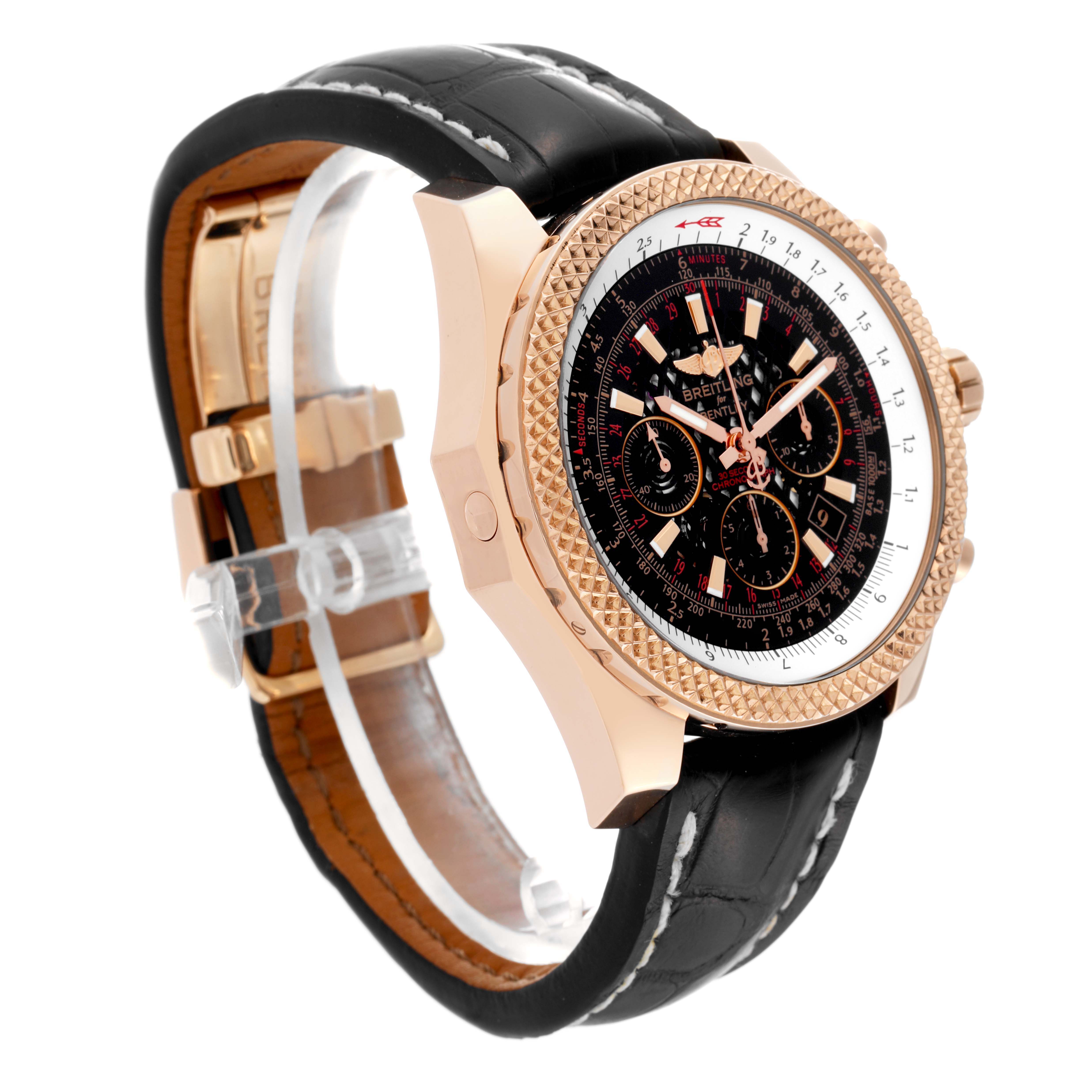 The image shows a Breitling Bentley RB061112/BC43 Men's Rose Gold Black Dial RB061112/BC43 Men's Rose Gold Black Dial model watch from an angled perspective, showcasing its black leather strap, rose gold case, and detailed bezel and dial.