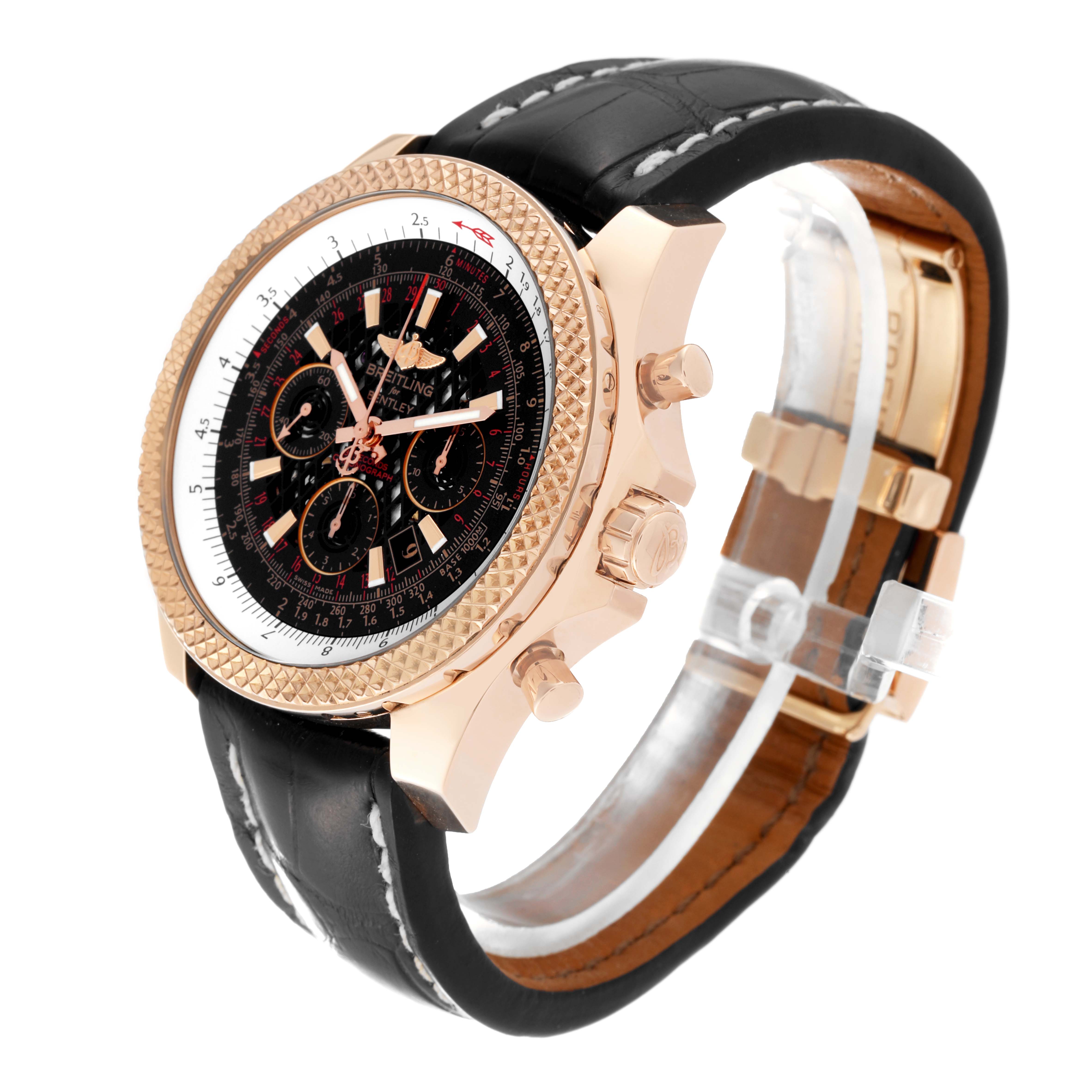 The Bentley model by Breitling is shown at a side angle, displaying the dial, bezel, crown, pushers, and leather strap.