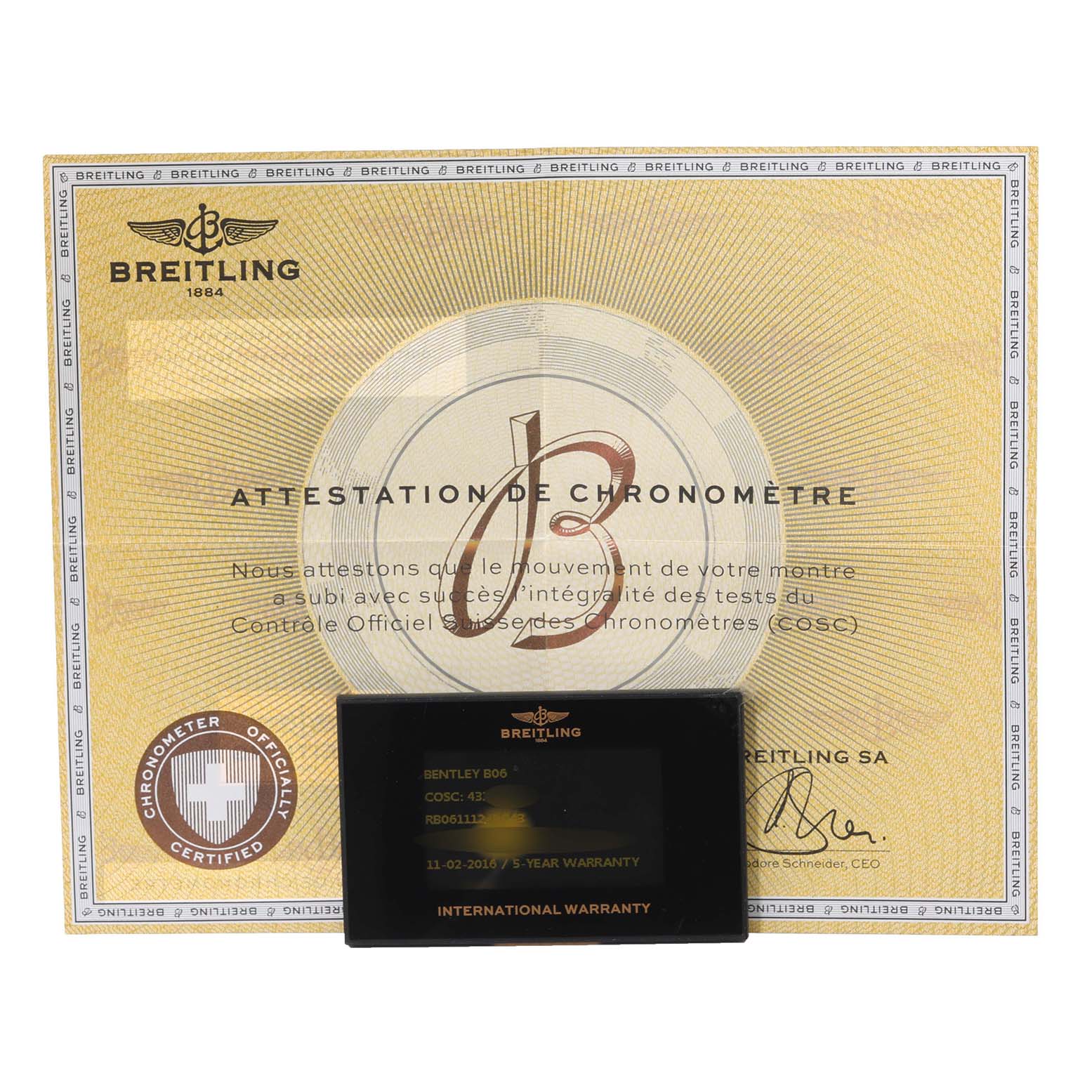 The image shows the certificate and warranty card for the Breitling Bentley RB061112/BC43 Men's Rose Gold Black Dial RB061112/BC43 Men's Rose Gold Black Dial model watch.