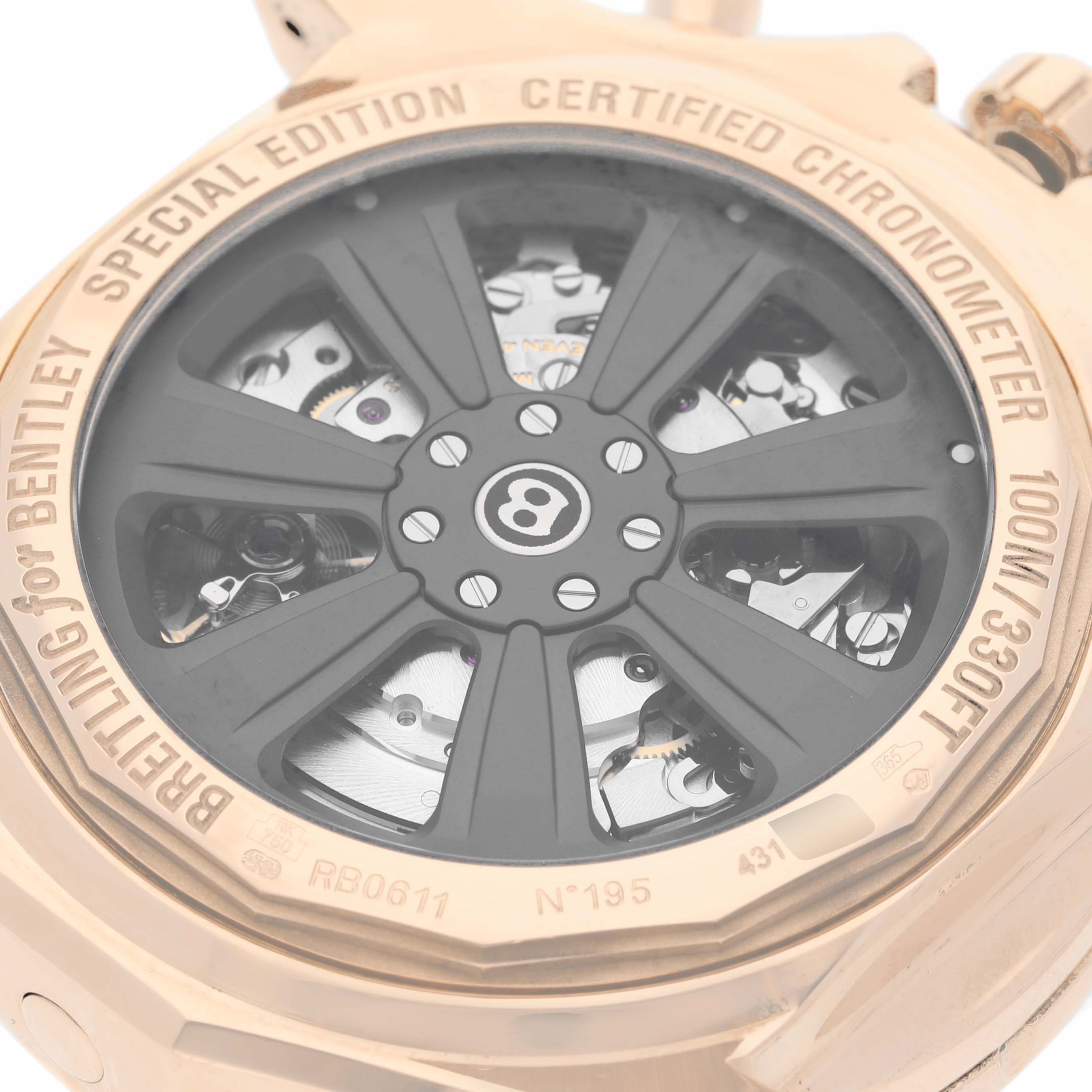 The image shows the back of the Breitling Bentley RB061112/BC43 Men's Rose Gold Black Dial RB061112/BC43 Men's Rose Gold Black Dial model watch, highlighting the certified chronometer and special edition markings.