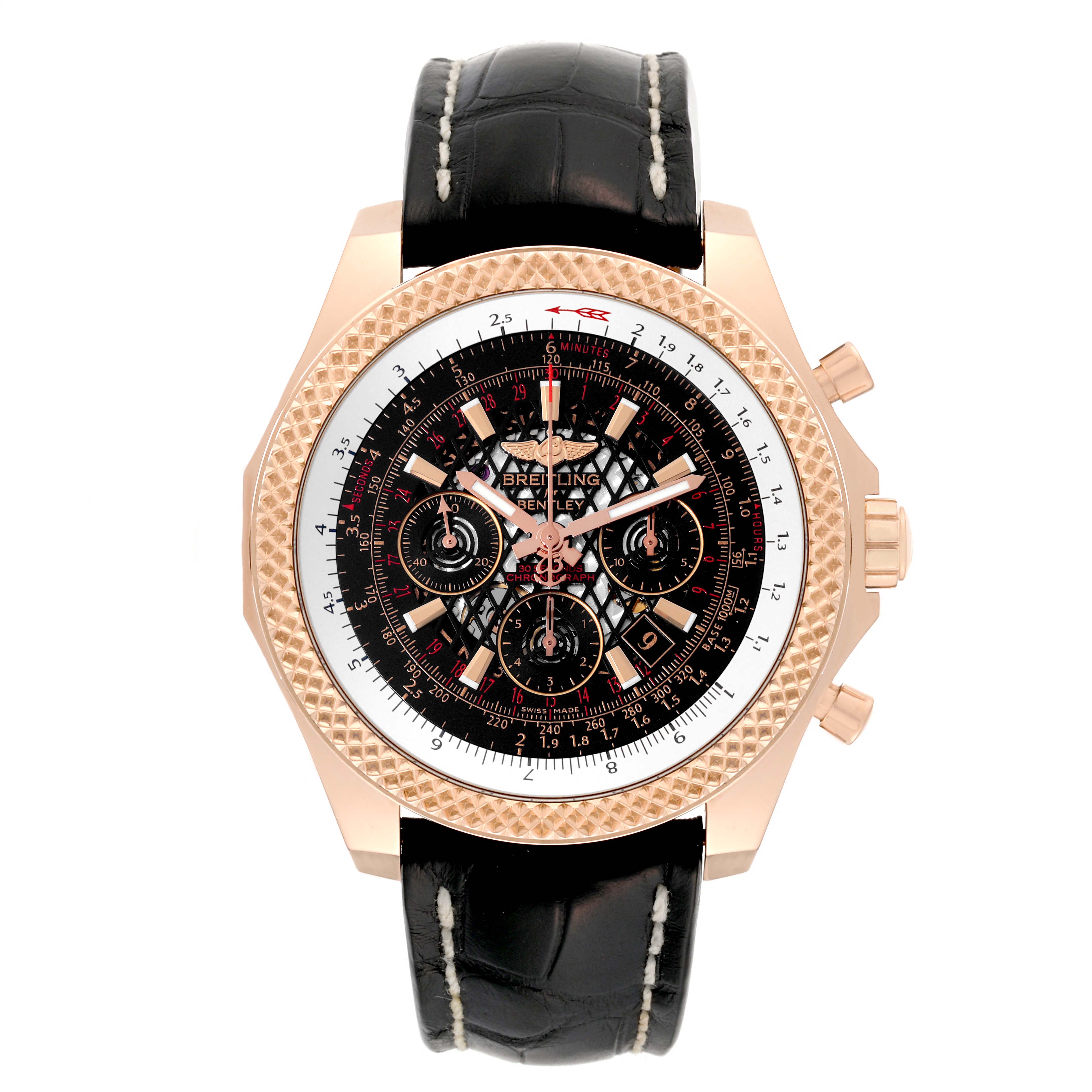 The image shows a front view of a Bentley model by Breitling, featuring its dial, bezel, and leather strap.