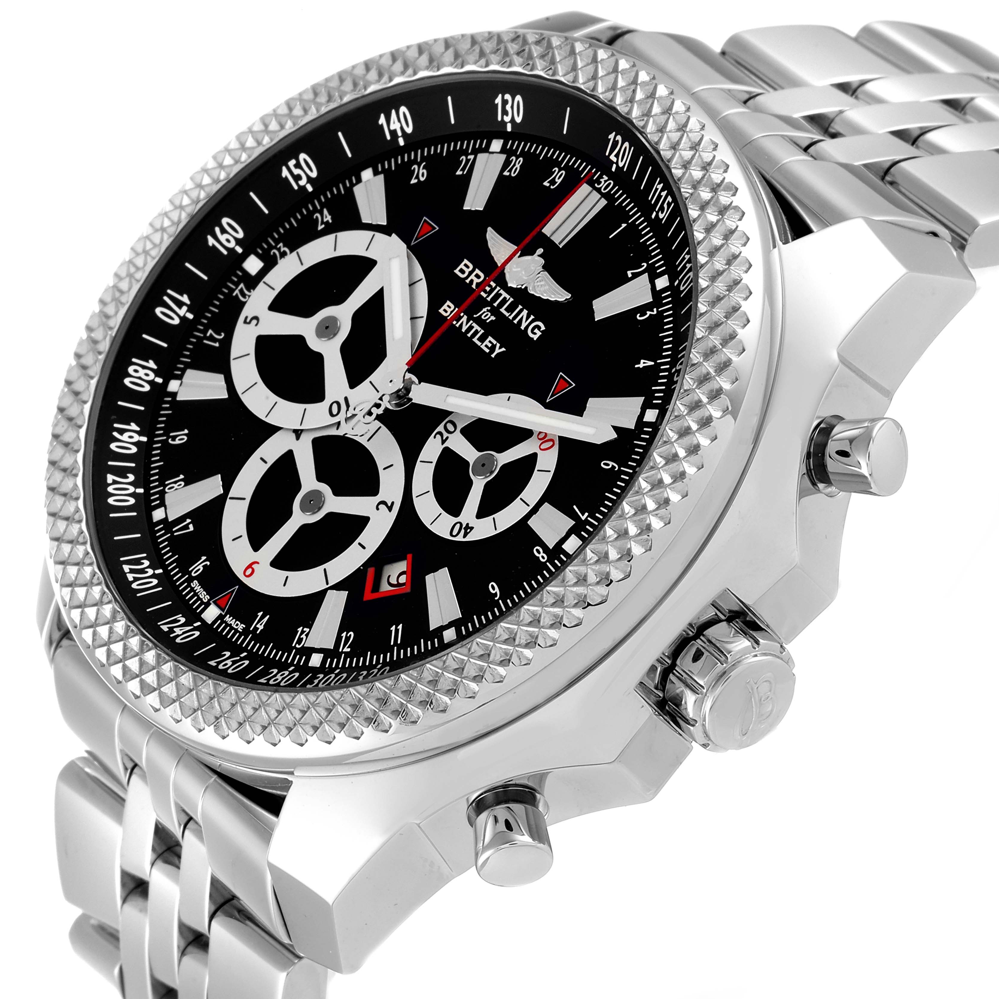 This image shows a Breitling Bentley A25366 Men's Stainless Steel Black Dial A25366 Men's Stainless Steel Black Dial watch at a three-quarter angle, highlighting the face, bezel, and stainless steel bracelet.