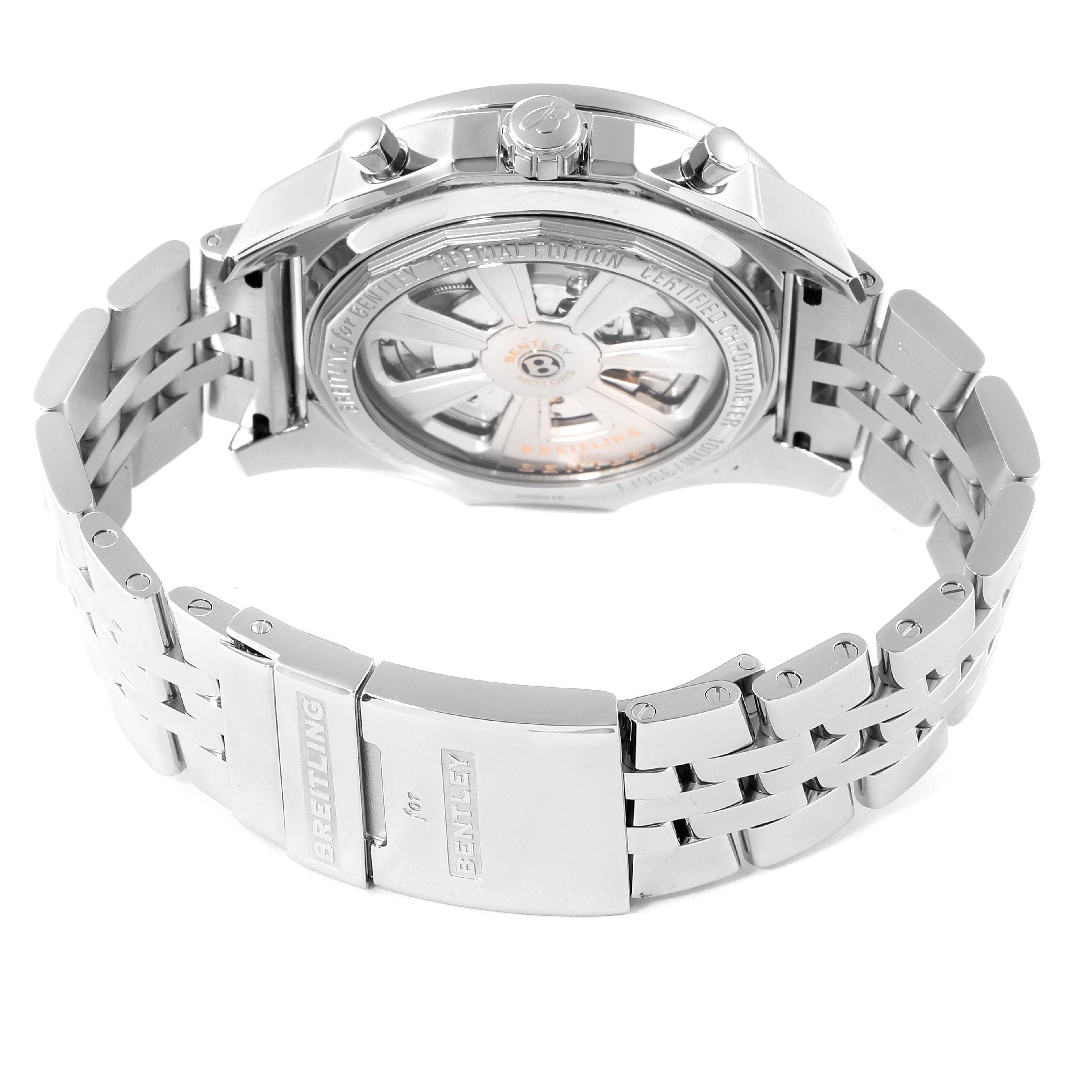 This image shows the back view of the Breitling Bentley A25366 Men's Stainless Steel Black Dial A25366 Men's Stainless Steel Black Dial watch, highlighting the automatic movement and metal bracelet.