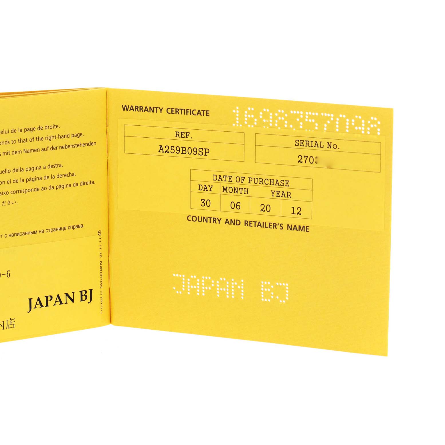 The image shows the warranty certificate for a Bentley model by Breitling, detailing the reference number, serial number, and purchase date.