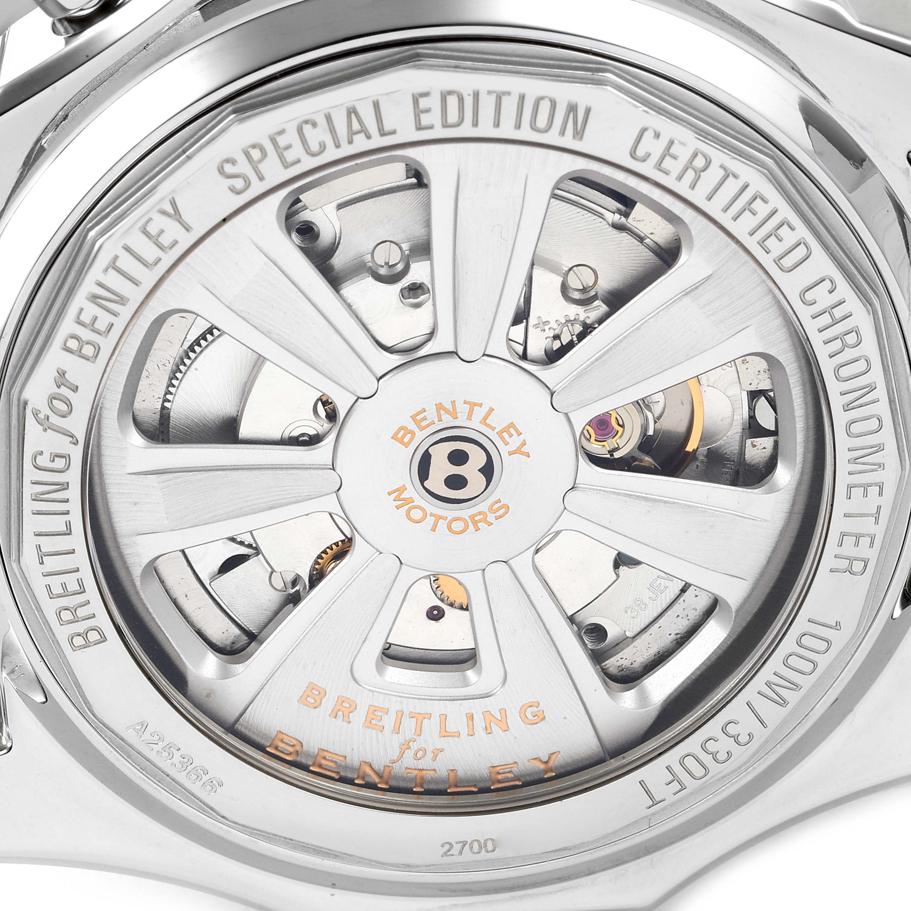 This image shows the back case of a Breitling for Bentley Special Edition watch, revealing the rotor and internal mechanics.