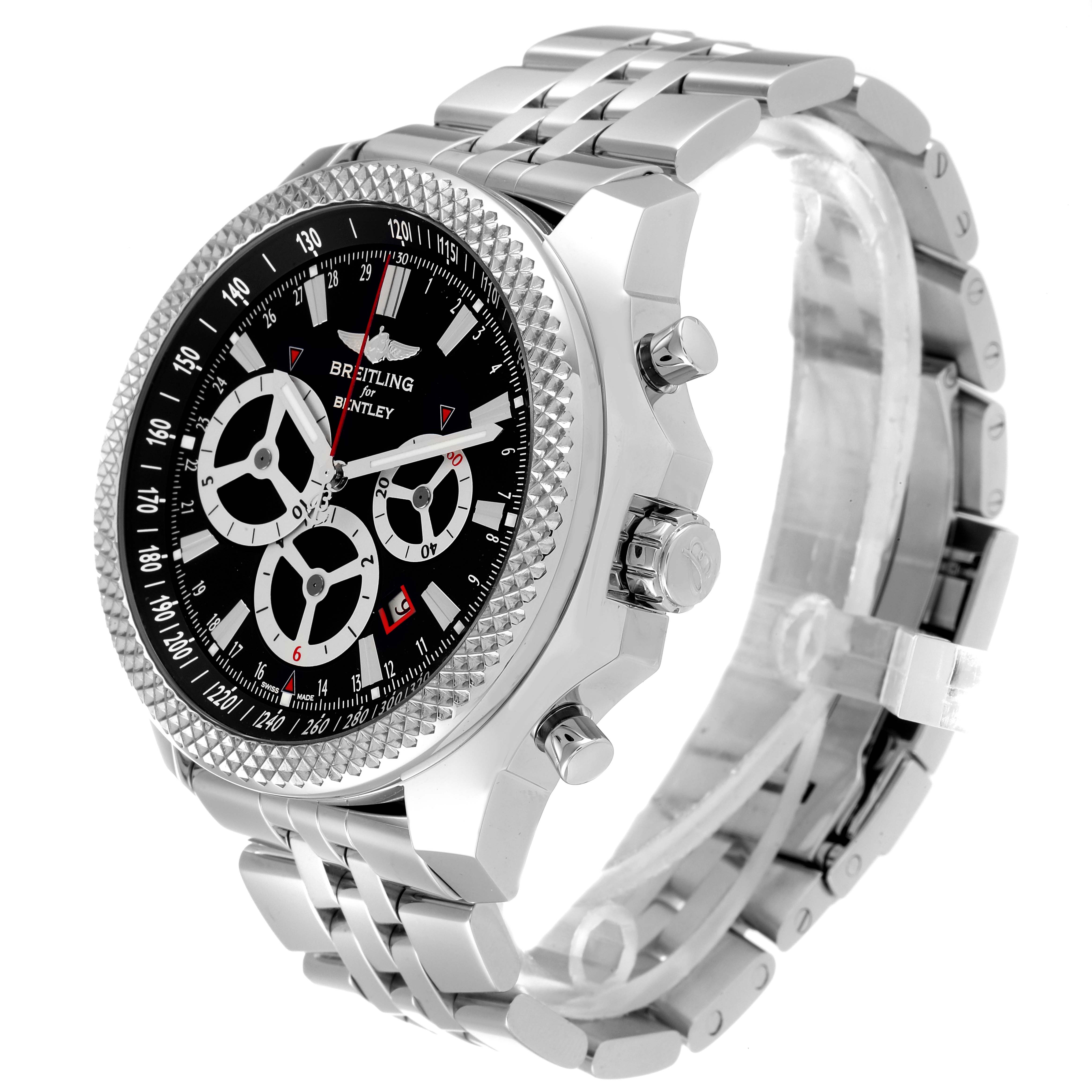 The image shows a Bentley model by Breitling at an angled side view, displaying the face, bezel, pushers, and metal bracelet.