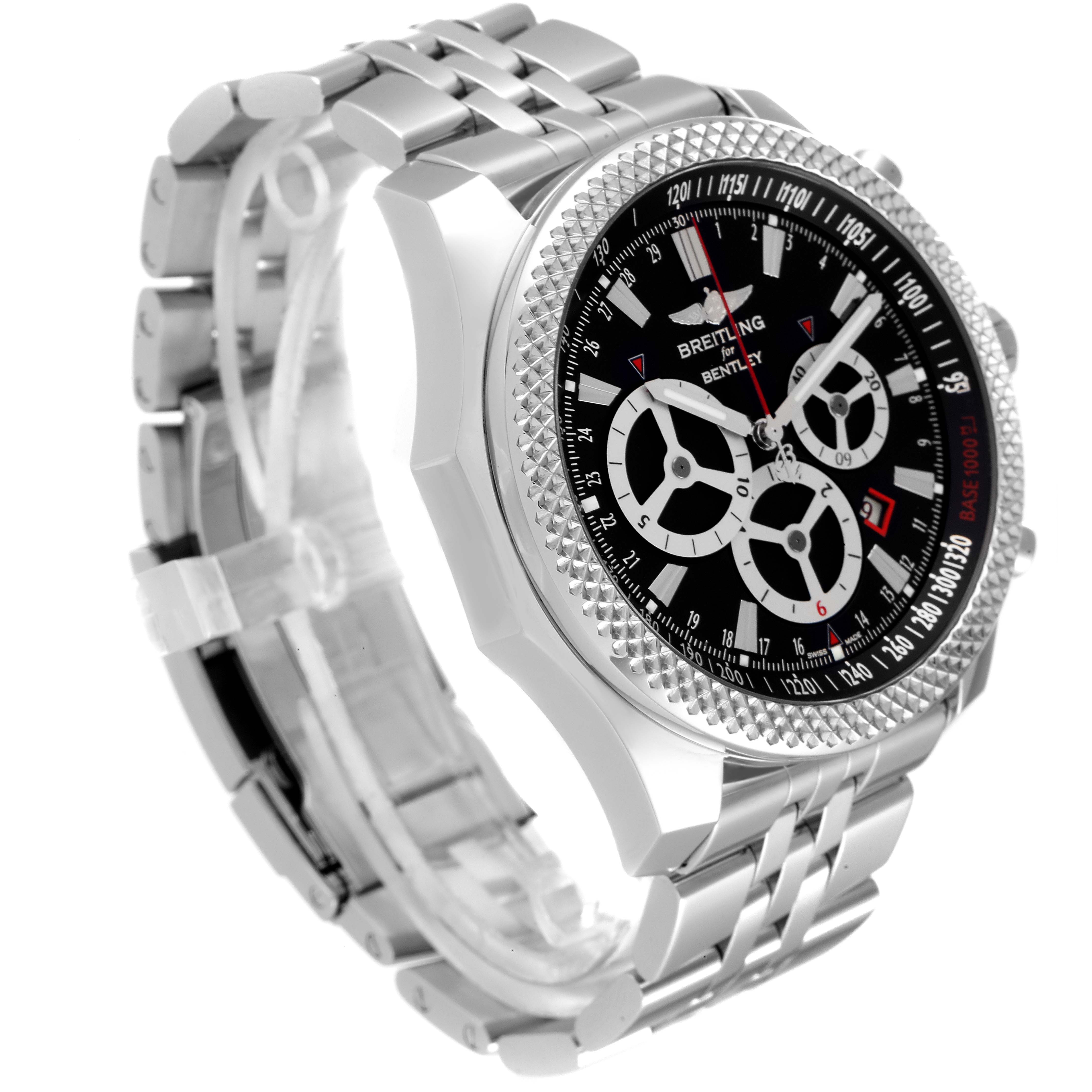 The Breitling Bentley A25366 Men's Stainless Steel Black Dial A25366 Men's Stainless Steel Black Dial model watch is shown at a slight angle, displaying the face, bezel, and bracelet links in detail.