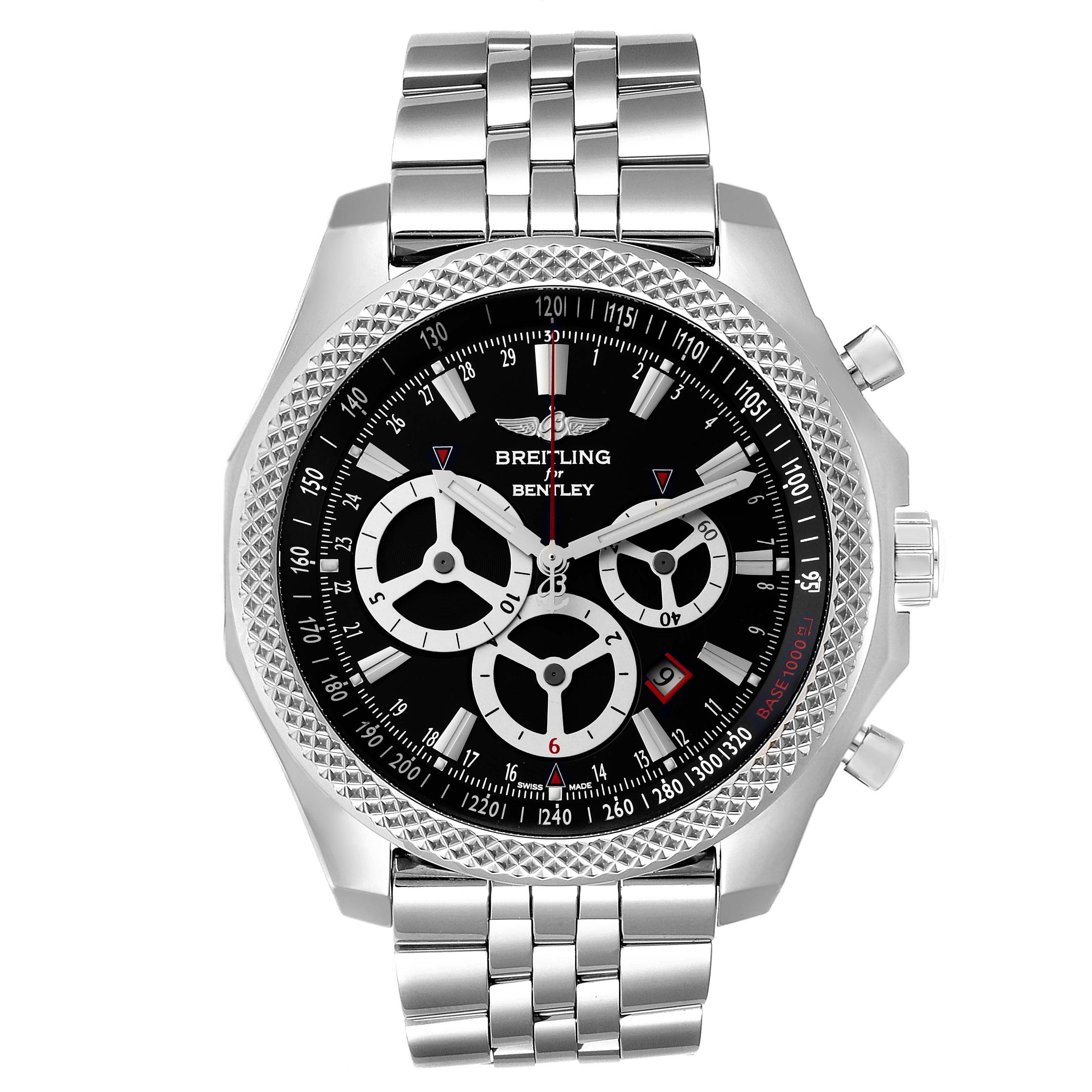 The image shows a front view of the Bentley model by Breitling, highlighting the dial, bezel, and metal bracelet.